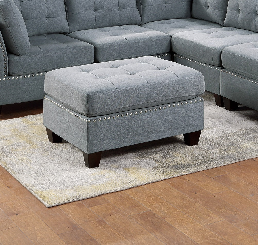 Living Room Furniture Tufted Ottoman Grey Linen Like Fabric 1Pc Ottoman Cushion Nail Heads Wooden Legs Grey Linen Primary Living Space Grey Contemporary,Modern Tufted Fabric