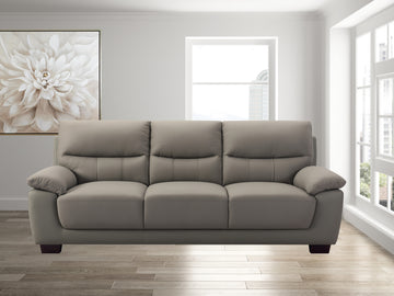 3 Seater Renzo Top Grain Leather Match Sofa In Grey Color Light Brown Wood Primary Living Space Heavy Duty Rubberwood 3 Seat Gray Genuine Leather Firm Cushion Back Mid Century Modern,Transitional Pillow Top Arms Foam Leather