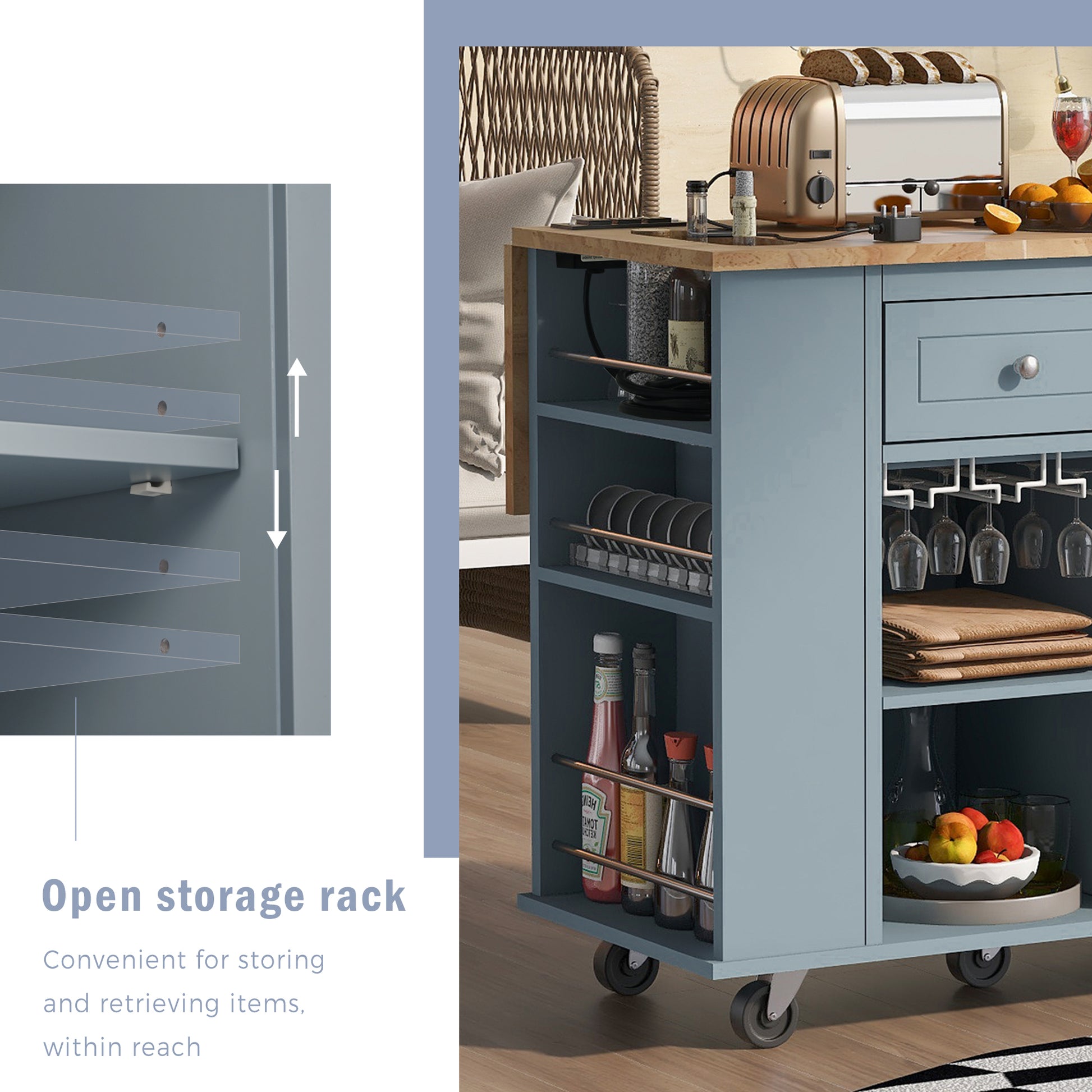 Kitchen Island With Power Outlet,Kitchen Storage Island With Drop Leaf And Rubber Wood,Open Storage And Wine Rack,5 Wheels,With Adjustable Storage For Home, Kitchen, And Dining Room, Grey Blue Blue Mdf