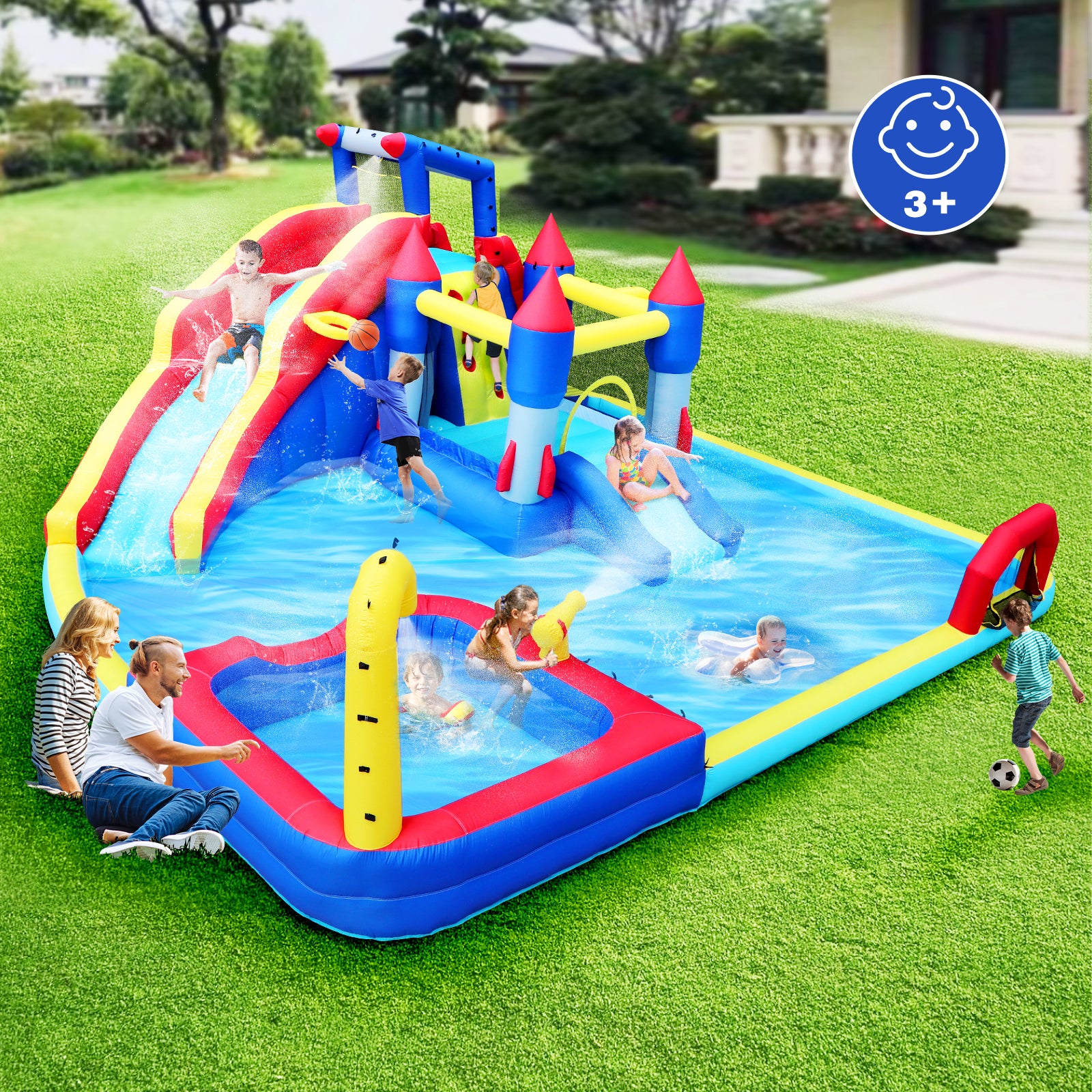 10 In1 Inflatable Slide Water Park Bouncing House Garden With Splash Pool & Water& Basketball & Climbing Wall & Dual Pools & Soccer Multicolor Oxford Fabric