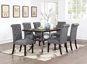 Classic Dining Room Furniture Natural Wooden Rectangle Top Dining Table 6X Side Chairs Charcoal Fabric Tufted Toll Back Top Back Chair And Storage Shelve 7Pc Dining Set Wood Dining Room Rubberwood Rectangular Dining Table With Chair Upholstered Chair