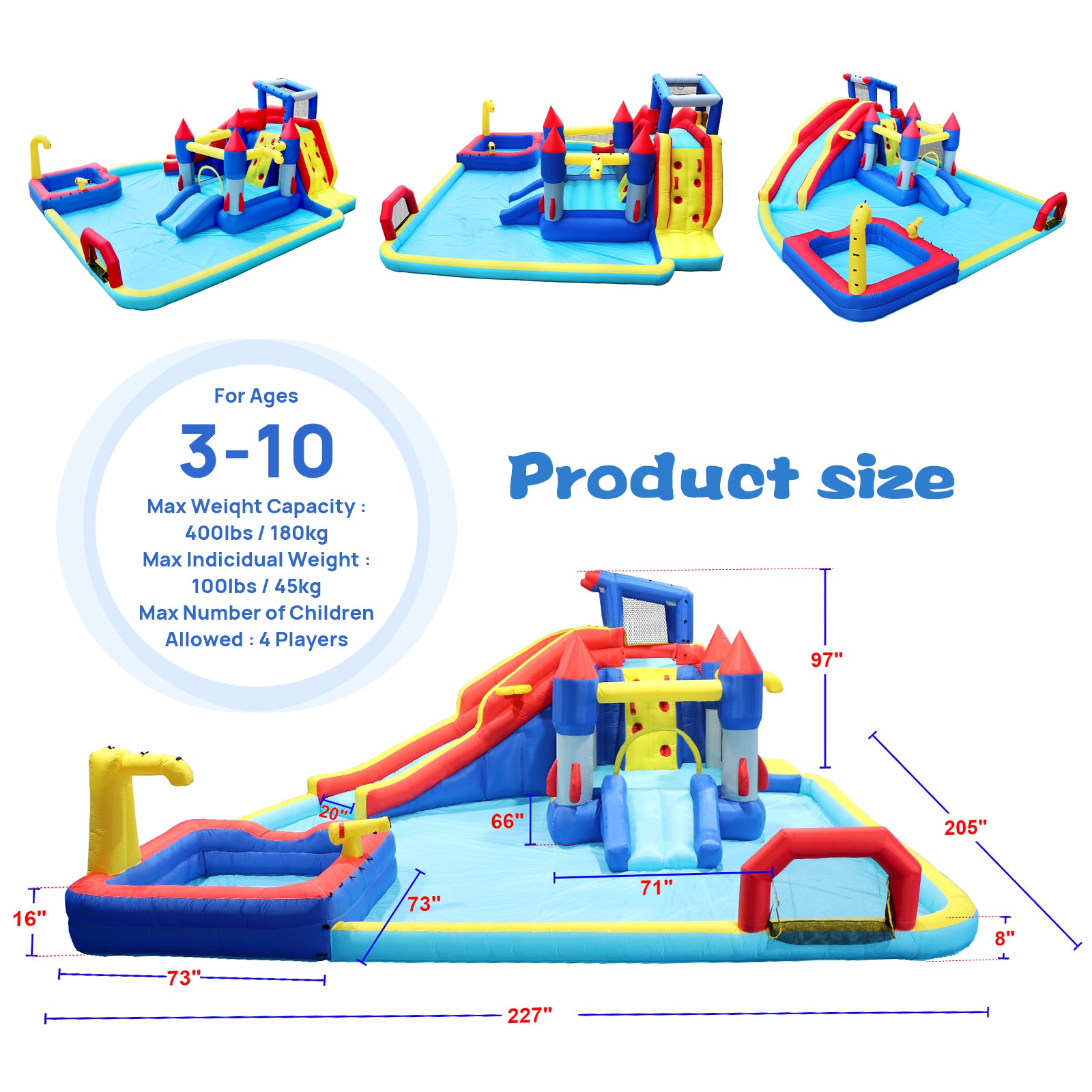10 In1 Inflatable Slide Water Park Bouncing House Garden With Splash Pool & Water& Basketball & Climbing Wall & Dual Pools & Soccer Multicolor Oxford Fabric