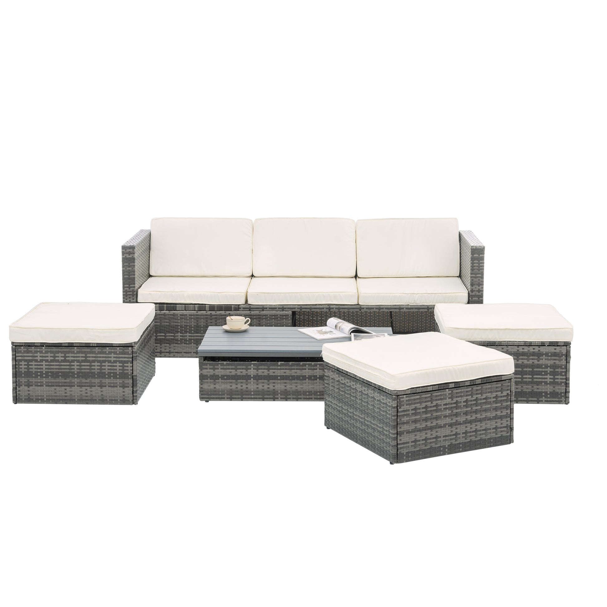 Patio Furniture, Outdoor Furniture, Seasonal Pe Wicker Furniture,5 Set Wicker Furniture With Plywood Coffee Table,With Lift Top Coffee Table,With Lounger Sofa Dark Gray Pe Rattan Iron Waterproof Fabric