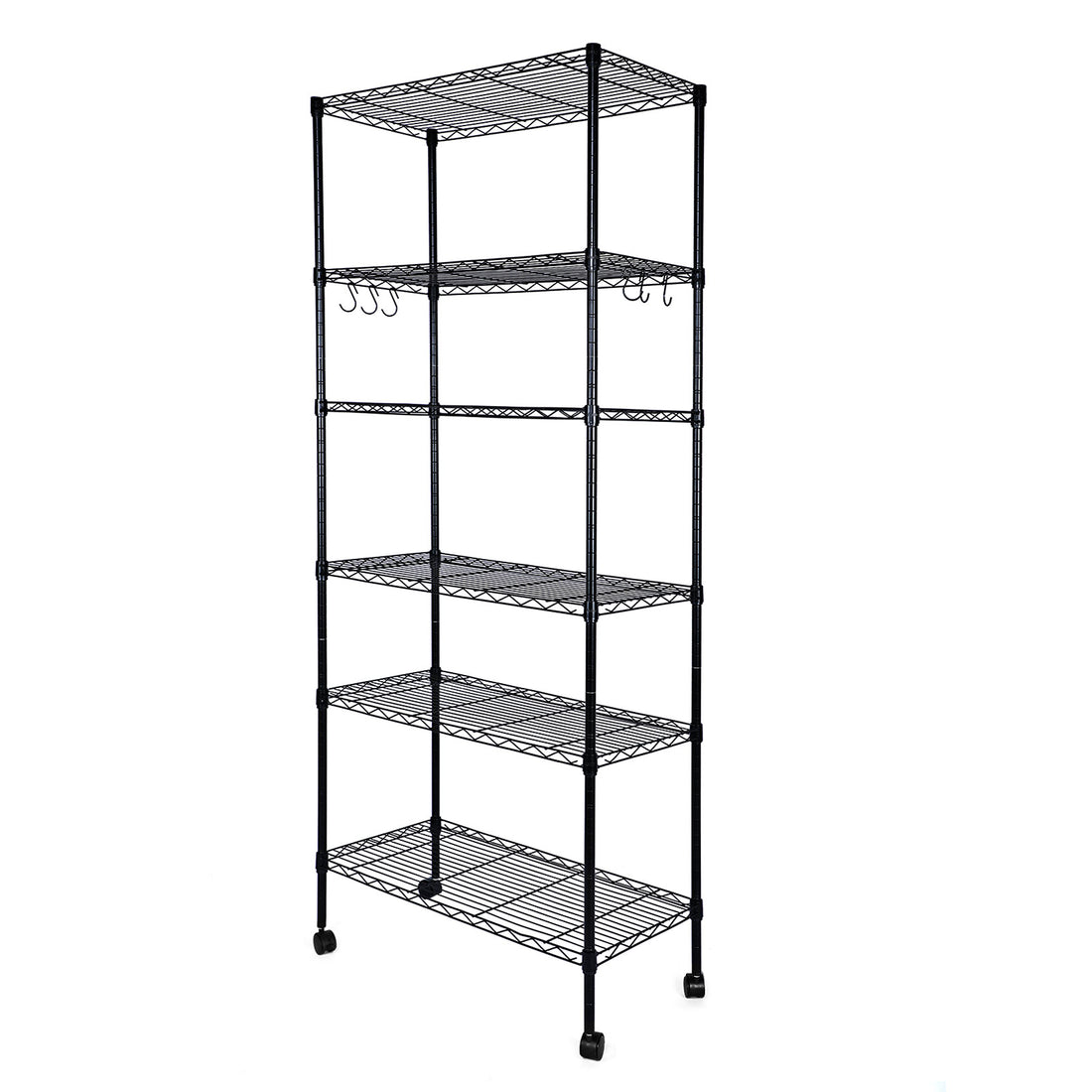 Yssoa Heavy Duty 6 Shelf Shelving With Wheels, With Hanging Hooks, Wire Shelving, Adjustable Storage Units, 17'' D X 11'' W X 63'' H, 6 Tier, Black Black Aluminum