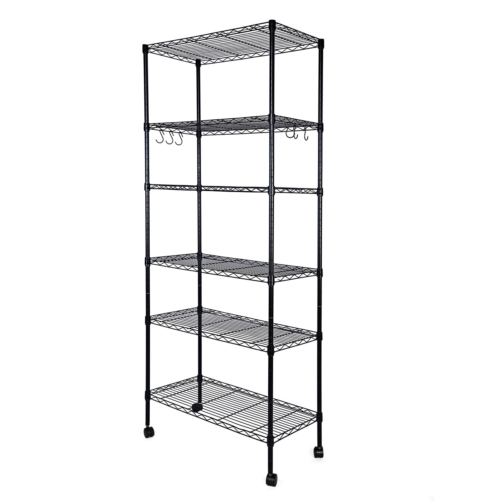 Yssoa Heavy Duty 6 Shelf Shelving With Wheels, With Hanging Hooks, Wire Shelving, Adjustable Storage Units, 17'' D X 11'' W X 63'' H, 6 Tier, Black Black Aluminum