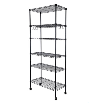 Yssoa Heavy Duty 6 Shelf Shelving With Wheels, With Hanging Hooks, Wire Shelving, Adjustable Storage Units, 17'' D X 11'' W X 63'' H, 6 Tier, Black Black Aluminum