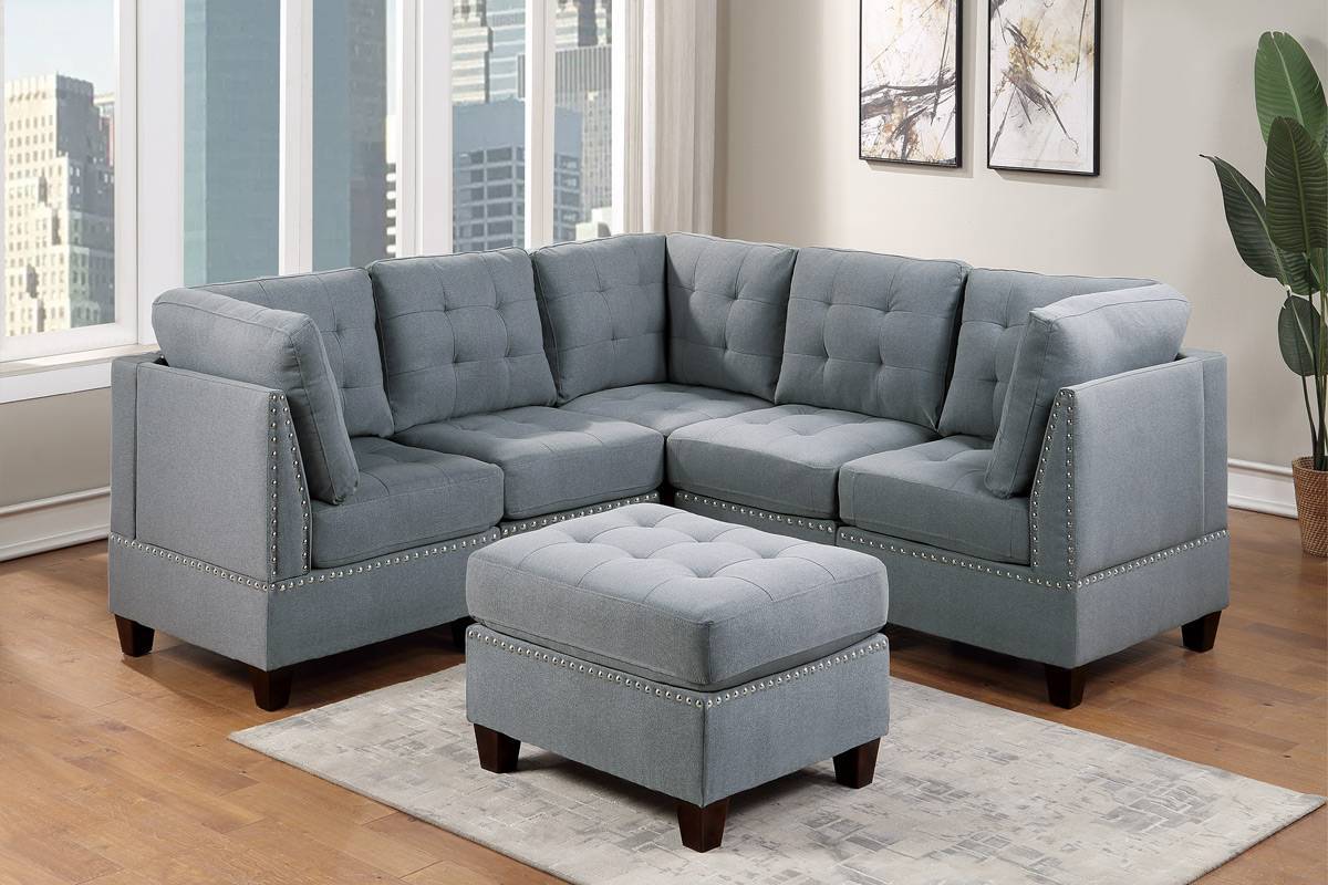 Living Room Furniture Tufted Ottoman Grey Linen Like Fabric 1Pc Ottoman Cushion Nail Heads Wooden Legs Grey Linen Primary Living Space Grey Contemporary,Modern Tufted Fabric