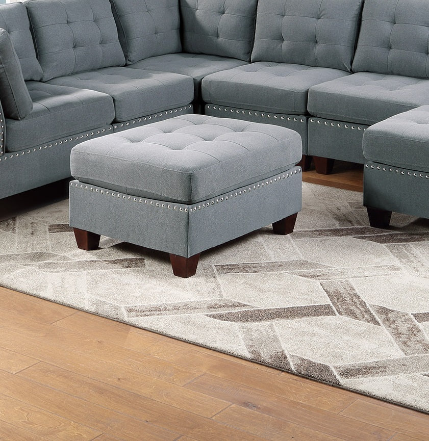Living Room Furniture Tufted Ottoman Grey Linen Like Fabric 1Pc Ottoman Cushion Nail Heads Wooden Legs Grey Linen Primary Living Space Grey Contemporary,Modern Tufted Fabric