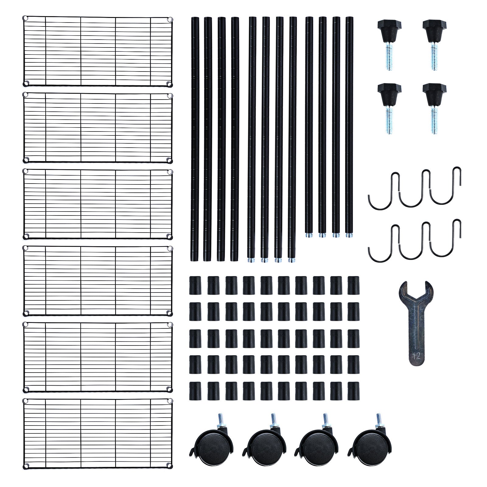 Yssoa Heavy Duty 6 Shelf Shelving With Wheels, With Hanging Hooks, Wire Shelving, Adjustable Storage Units, 17'' D X 11'' W X 63'' H, 6 Tier, Black Black Aluminum