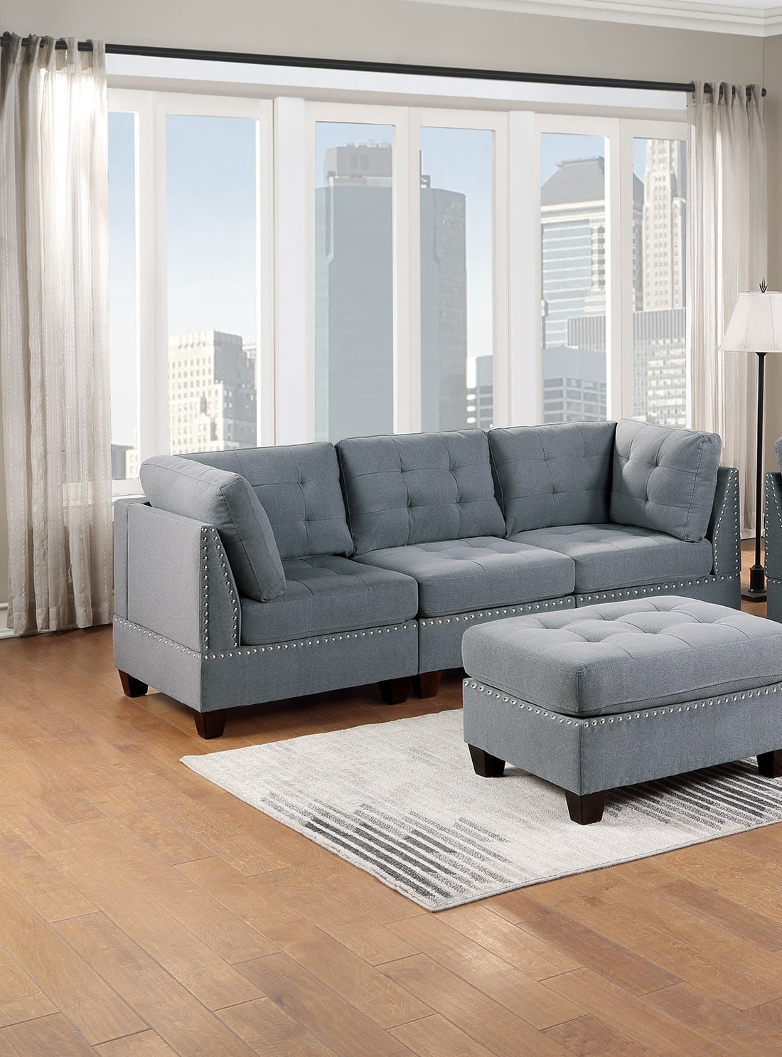 Modular Sofa Set 6Pc Set Living Room Furniture Sofa Loveseat Tufted Couch Nail Heads Gray Linen Like Fabric 4X Corner Wedge 1X Armless Chair And 1X Ottoman Gray Linen Primary Living Space Tufted Back Contemporary,Modern Modular Fabric 6 Seat