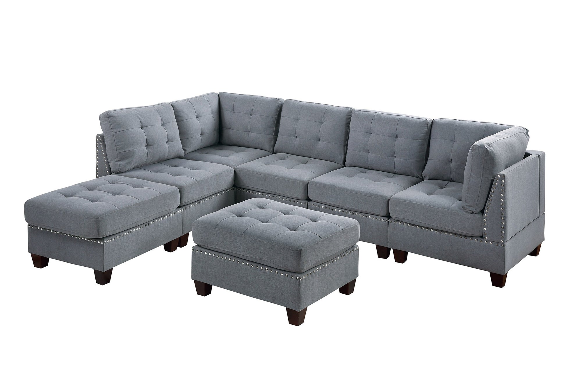 Contemporary Modular Sectional 7Pc Set Living Room Furniture Corner L Sectional Gray Linen Like Fabric Tufted Nail Heads 2X Corner Wedge 3X Armless Chair And 2X Ottoman Gray Linen Primary Living Space Tufted Back Contemporary,Modern Modular Fabric 7 Seat