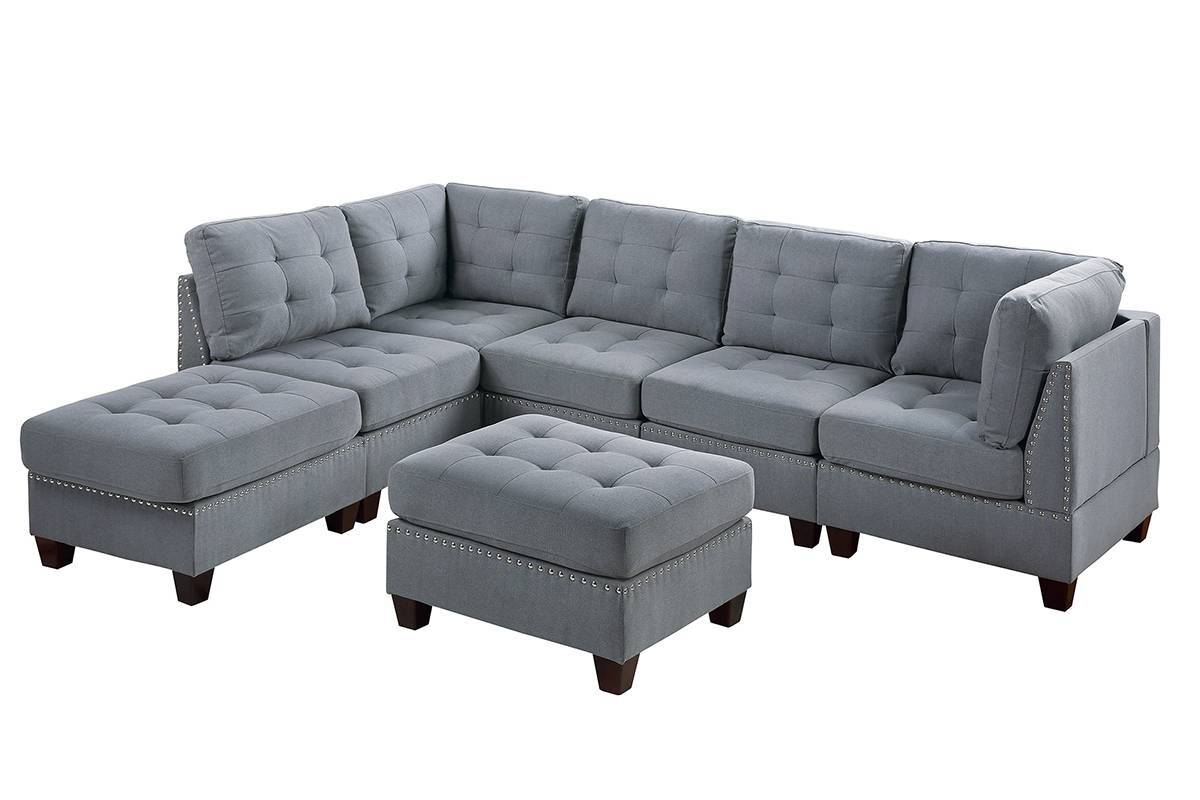 Contemporary Modular Sectional 7Pc Set Living Room Furniture Corner L Sectional Gray Linen Like Fabric Tufted Nail Heads 2X Corner Wedge 3X Armless Chair And 2X Ottoman Gray Linen Primary Living Space Tufted Back Contemporary,Modern Modular Fabric 7 Seat