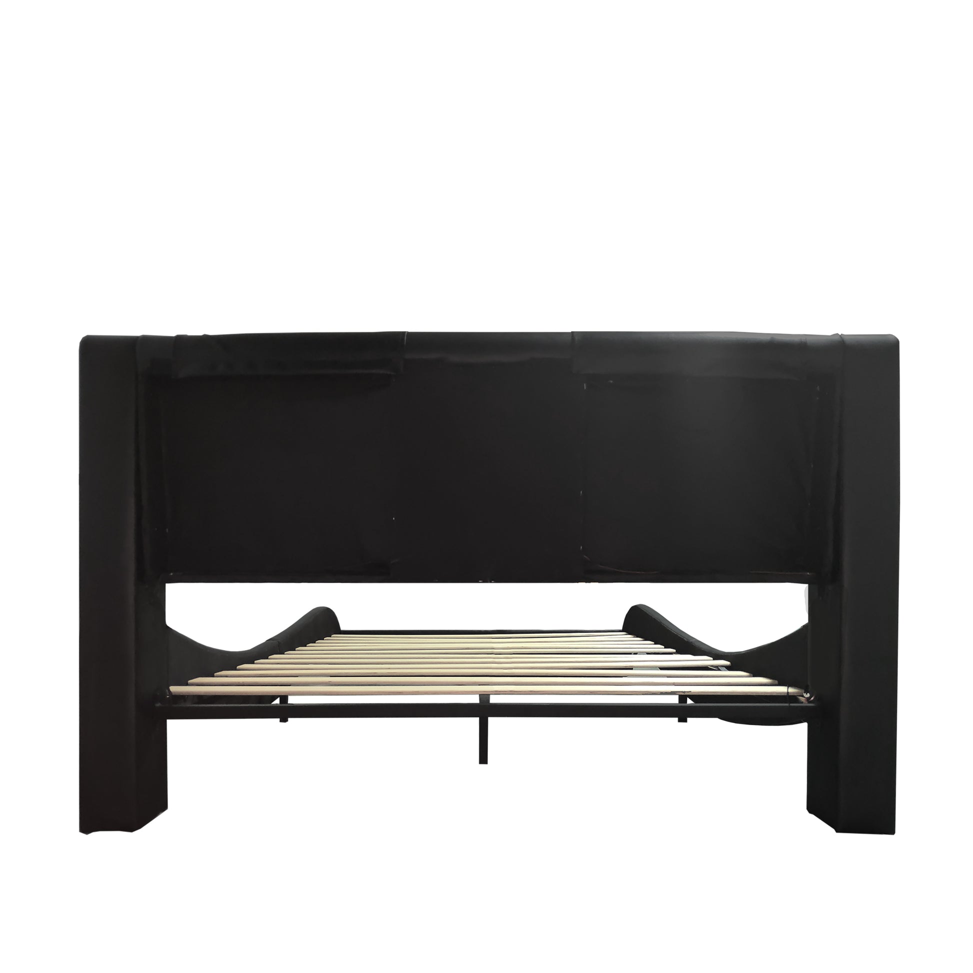 Faux Leather Upholstered Platform Bed Frame With Led Lighting, Bluetooth Connection To Play Music Control, Backrest Vibration Massage, Curve Design, Wood Slat Support, Exhibited Speakers,King Size Box Spring Not Required King Black Mdf