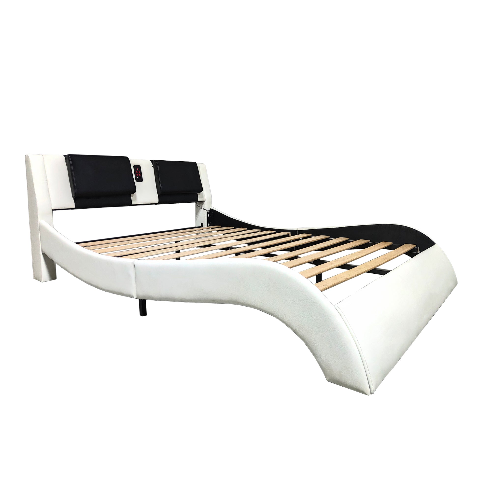 Faux Leather Upholstered Platform Bed Frame With Led Lighting, Bluetooth Connection To Play Music Control, Backrest Vibration Massage, Curve Design, Wood Slat Support, One Carton Package, Queen White Mdf