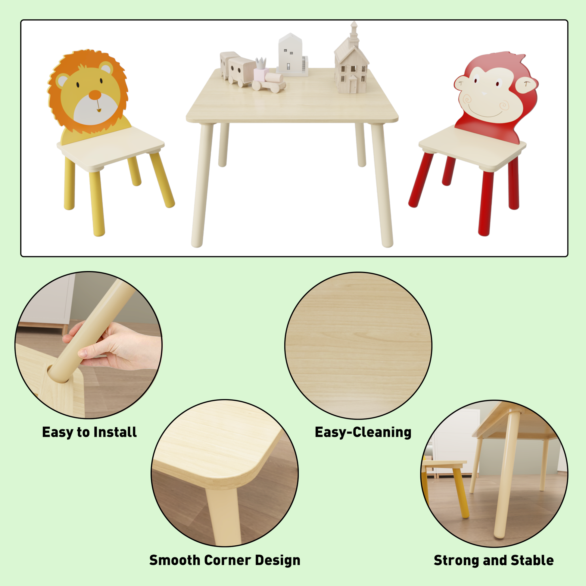 Kids Table And 2 Chairs Set, 3 Pieces Toddler Table And Chair Set, Wooden Activity Play Table Set Lion&Monkey Natural Solid Wood Mdf