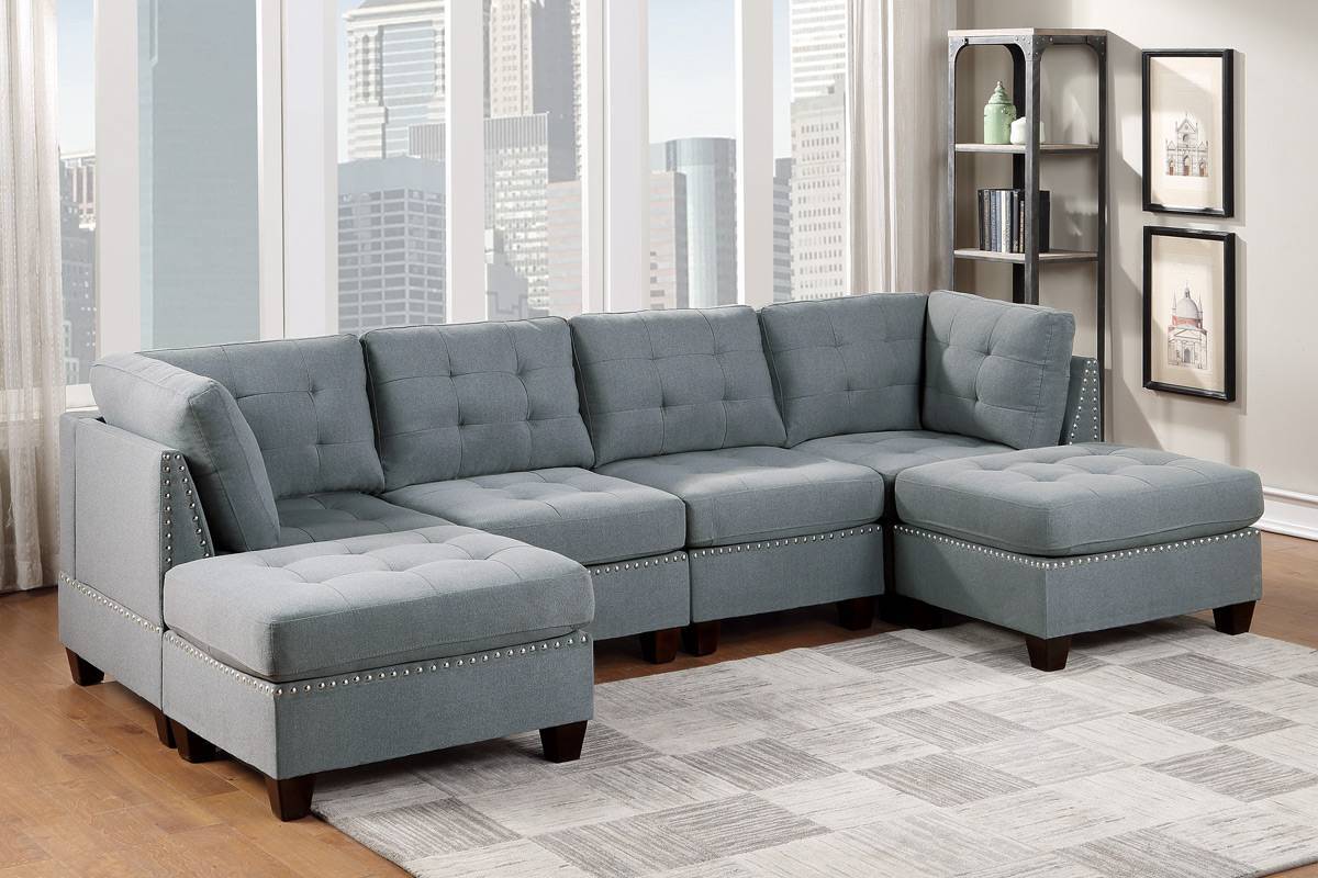 Modular Sectional 6Pc Set Living Room Furniture U Sectional Tufted Nail Heads Couch Gray Linen Like Fabric 2X Corner Wedge 2X Armless Chairs And 2X Ottomans Gray Linen Primary Living Space Tufted Back Contemporary,Modern U Shaped Fabric 6 Seat