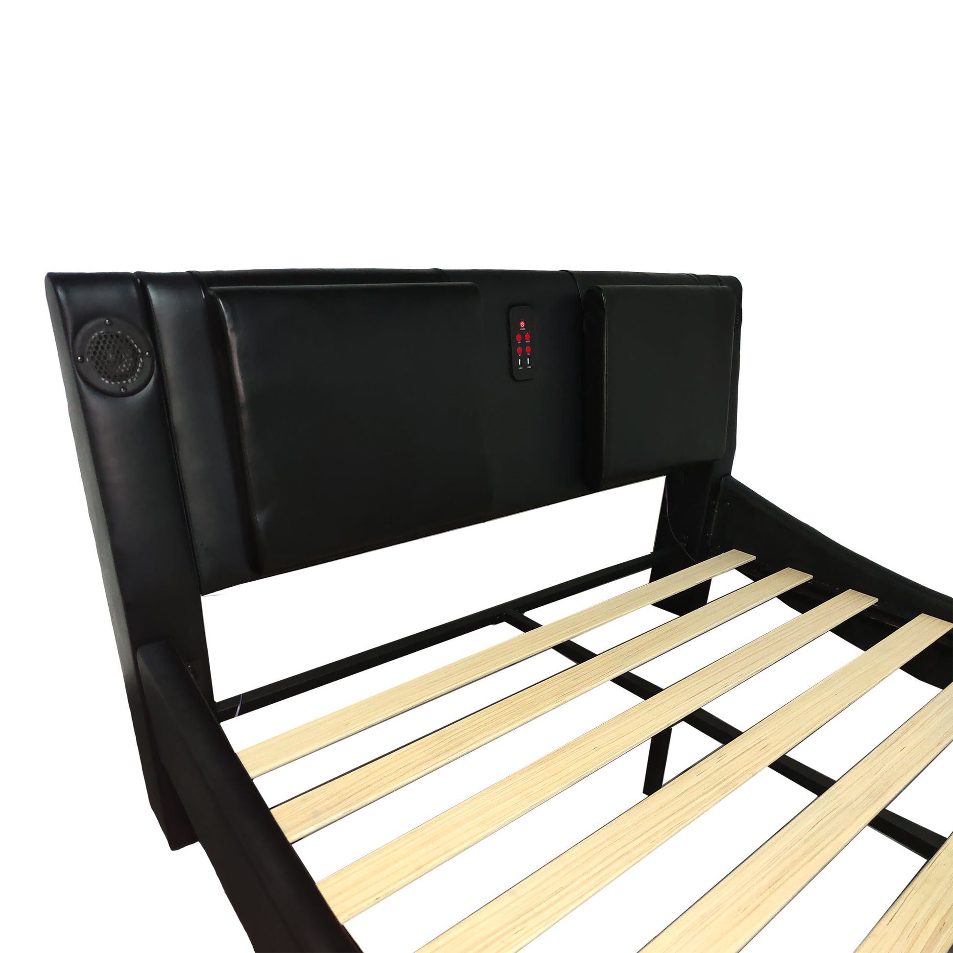 Faux Leather Upholstered Platform Bed Frame With Led Lighting, Bluetooth Connection To Play Music Control, Backrest Vibration Massage, Curve Design, Wood Slat Support, Exhibited Speakers,King Size Box Spring Not Required King Black Mdf