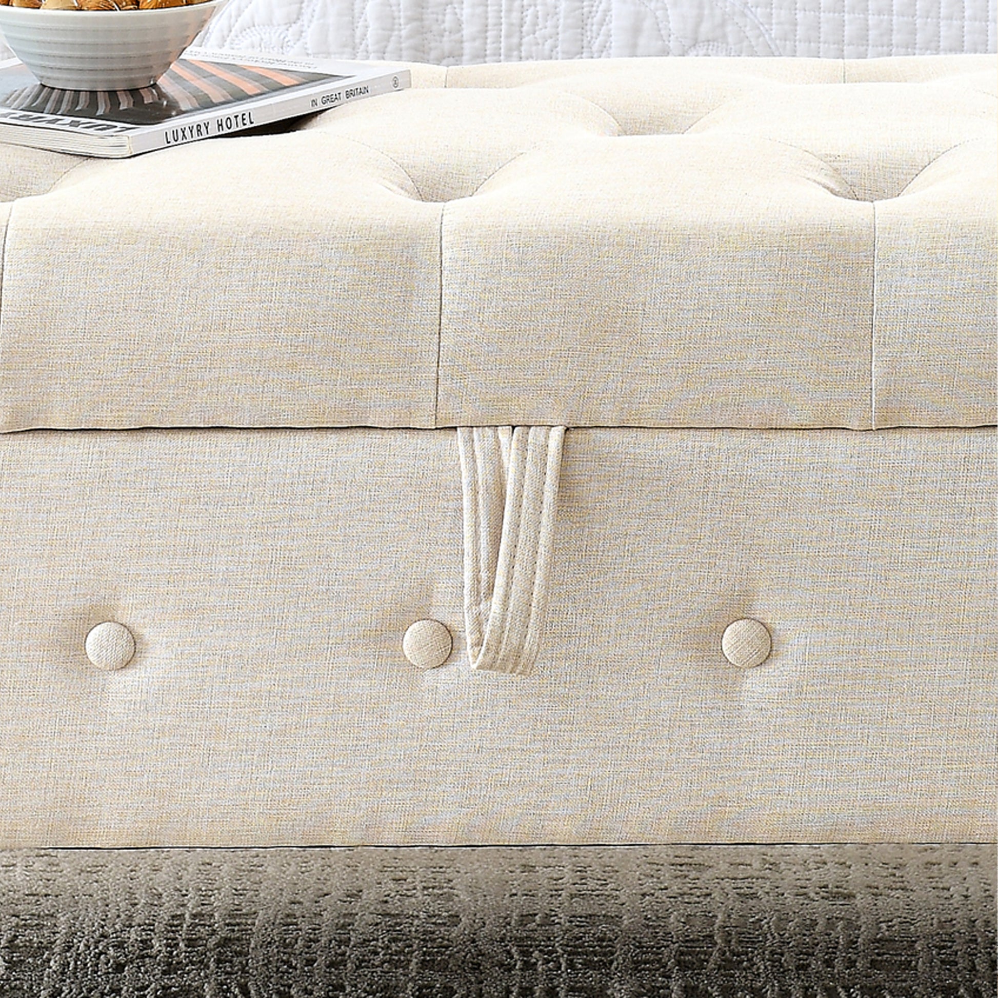 62" Bedroom Tufted Button Storage Bench, Modern Fabric Upholstered Ottoman, Window Bench, Rolled Arm Design For Bedroom, Living Room, Foyer Beige Beige Brown Bedroom American Design,Luxury Eucalyptus Foam Fabric