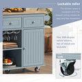 Kitchen Island With Power Outlet,Kitchen Storage Island With Drop Leaf And Rubber Wood,Open Storage And Wine Rack,5 Wheels,With Adjustable Storage For Home, Kitchen, And Dining Room, Grey Blue Blue Mdf