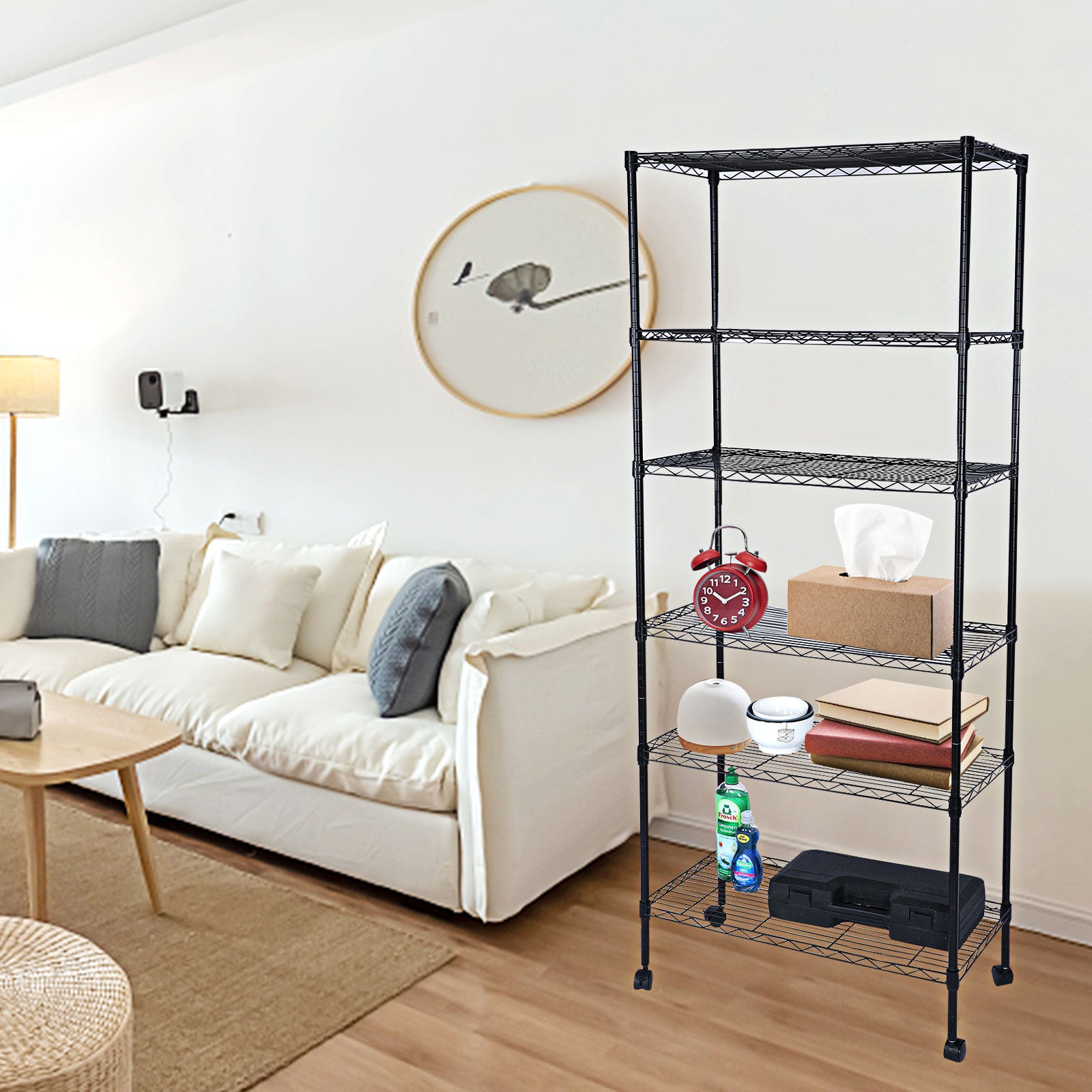 Yssoa Heavy Duty 6 Shelf Shelving With Wheels, With Hanging Hooks, Wire Shelving, Adjustable Storage Units, 17'' D X 11'' W X 63'' H, 6 Tier, Black Black Aluminum