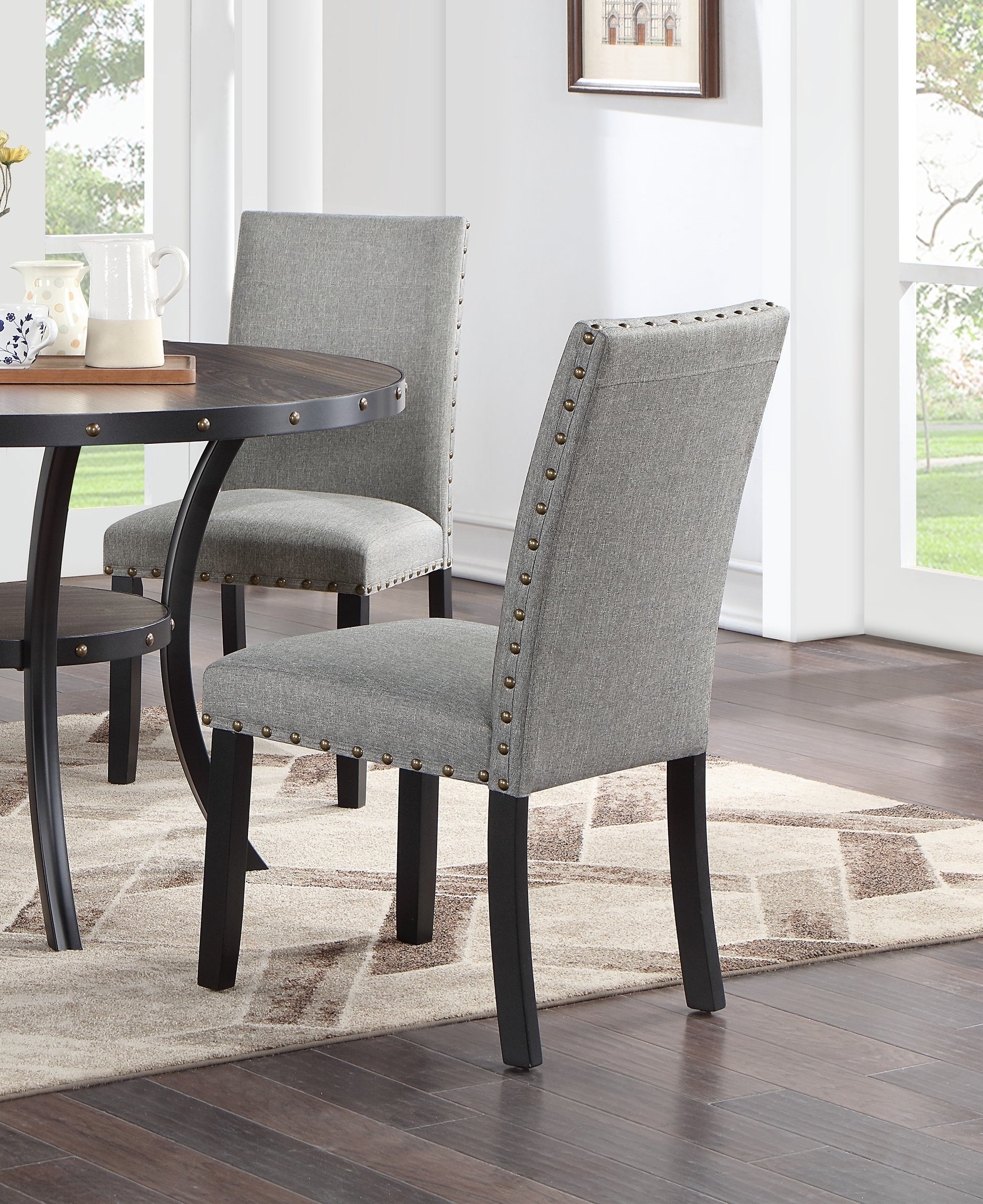 Grey Fabric Modern Set Of 2 Dining Chairs Plush Cushion Side Chairs Nailheads Trim Wooden Chair Kitchen Dining Room Gray Dining Room Foam Contemporary,Modern,Transitional Dining Chairs Rubberwood Solid Wood