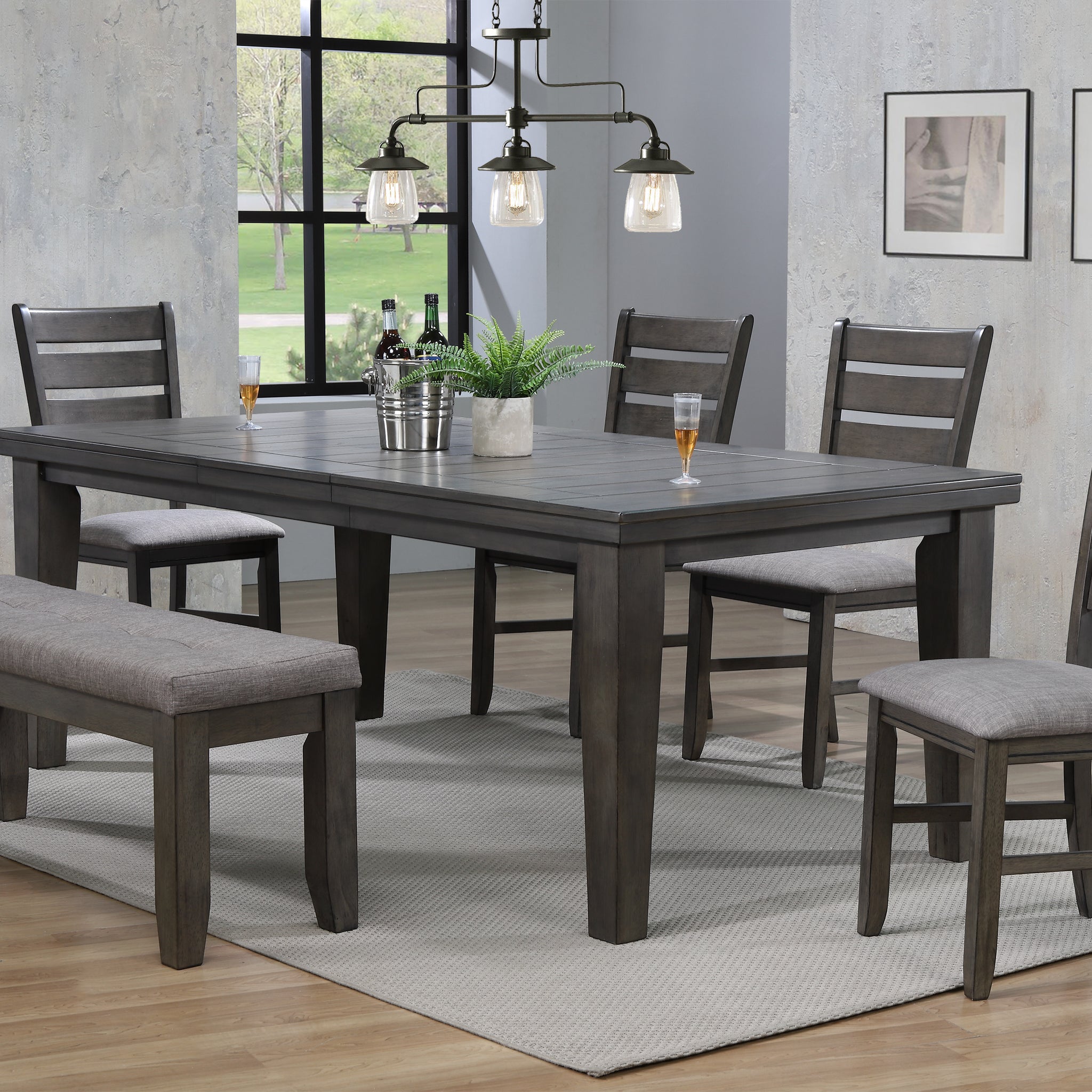 Contemporary 6Pc Dining Set 18" Extendable Leaf Table Linen Look Fabric Upholstered Chair Bench Seats Gray Finish Wooden Solid Wood Dining Room Furniture Wood Wood Gray Ladder Back Seats 6 Wood Dining Room Extendable Contemporary 4 Leg Rectangular Dining