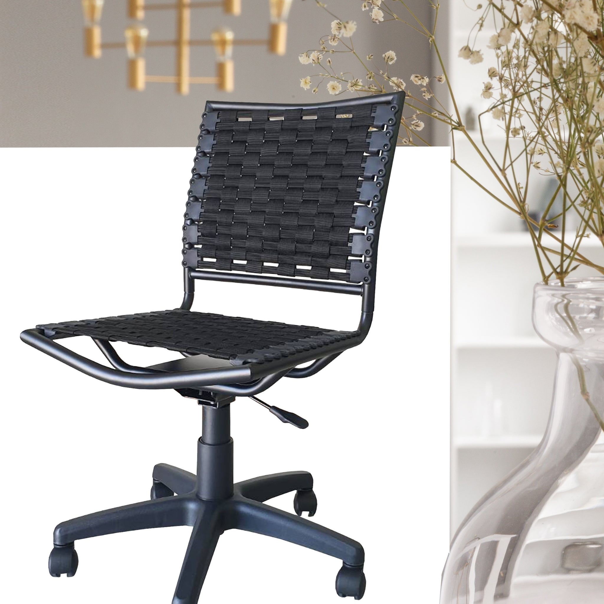 Bungee Task Office Chair Armless With Black Coating Caster Nylon Solid Black Office Powder Coated Wipe Clean Square Contemporary,Modern Office Chairs Slat Back Adjustable Height Abs Steel Q235