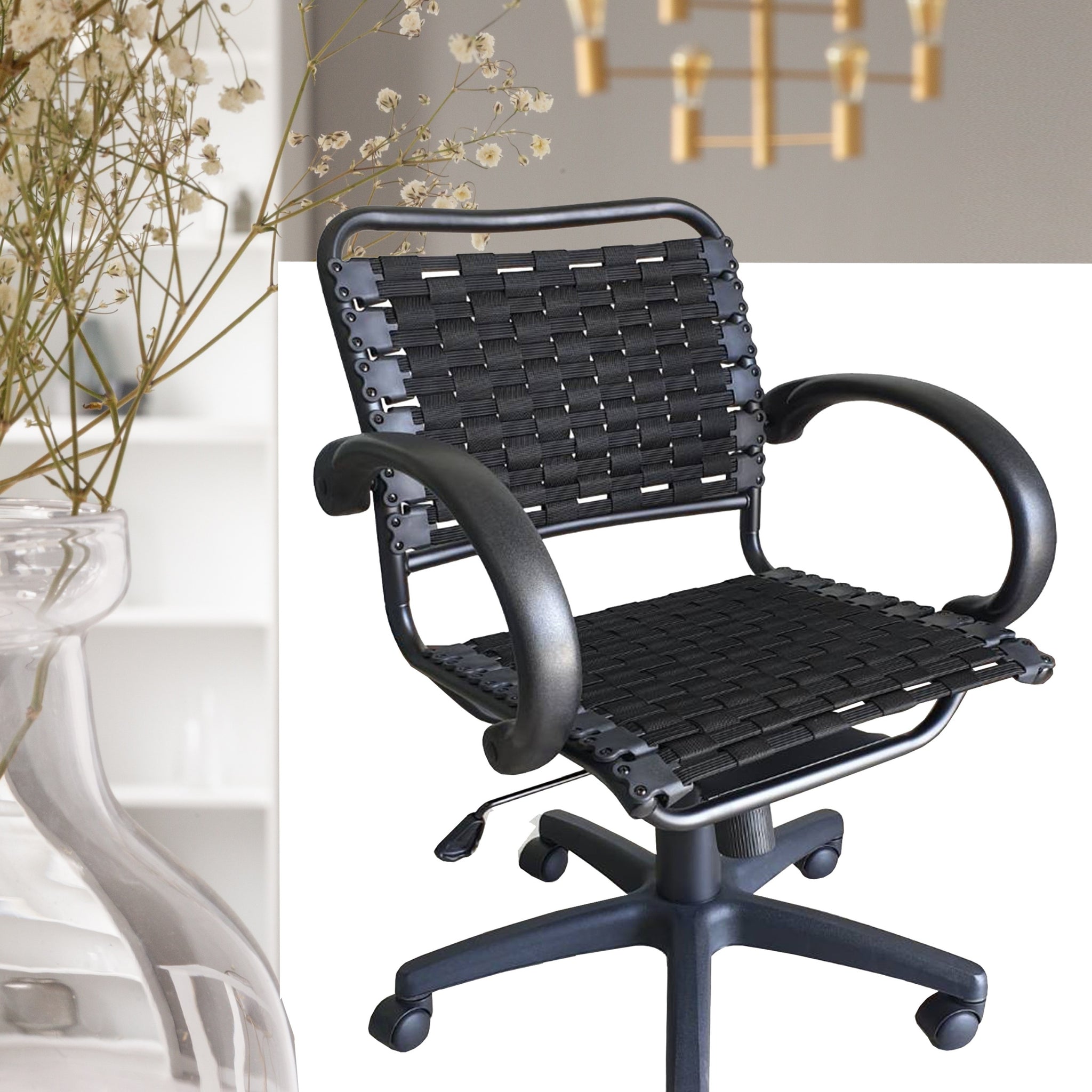 Bungee Arm Office Chair With Black Coating Caster Nylon Solid Black Office Powder Coated Wipe Clean Square Contemporary,Modern Office Chairs Slat Back Adjustable Height Abs Steel Q235