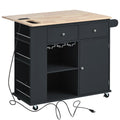 Kitchen Island With Power Outlet,Kitchen Storage Island With Drop Leaf And Rubber Wood,Open Storage And Wine Rack,5 Wheels,With Adjustable Storage For Home, Kitchen, And Dining Room, Black Black Mdf