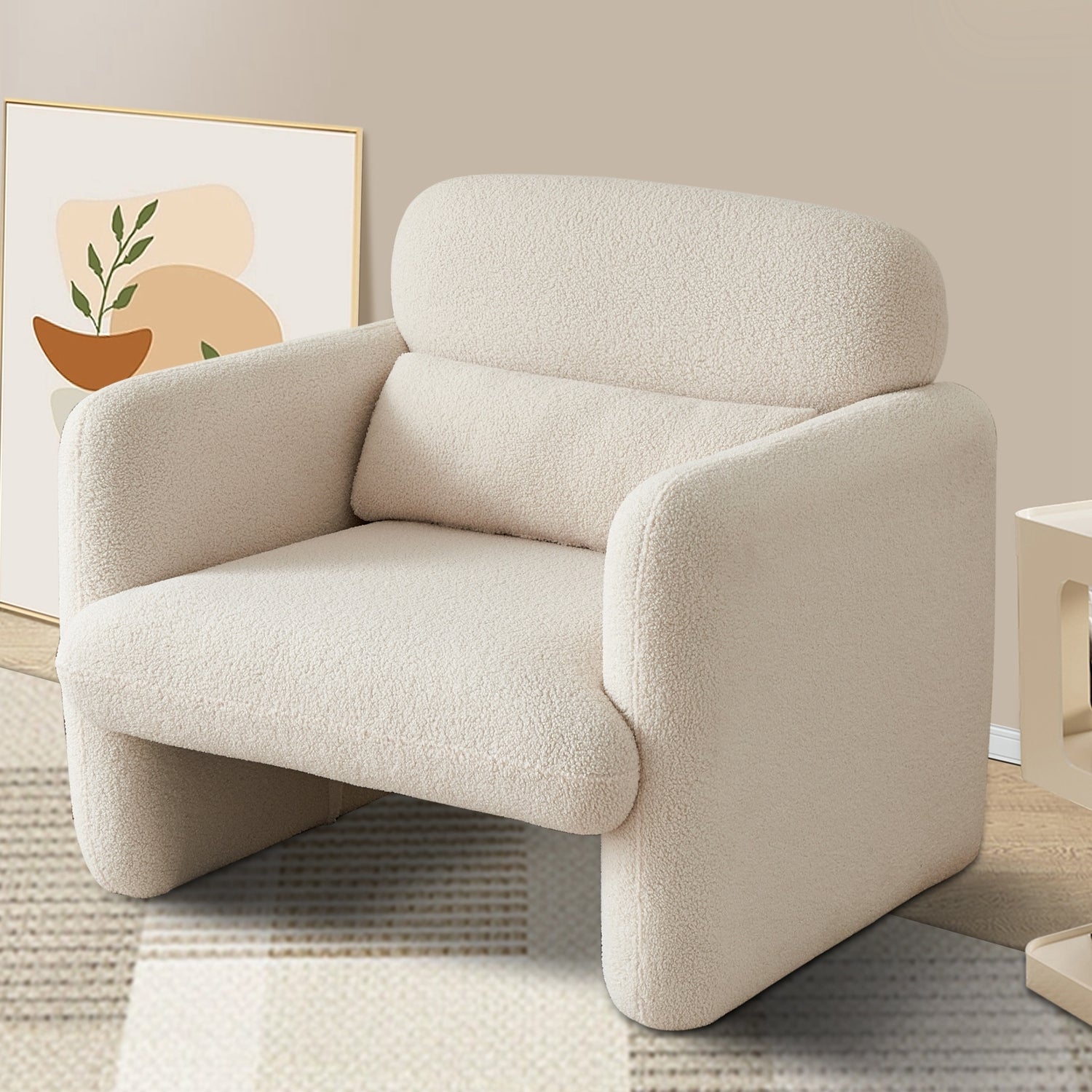34"Lamb Fleece Fabric Sofa, Modern Single Sofa With Support Pillow For Apartment, Office, Living Room & Bedroom, Tool Free Assembly. Beige Beige Foam Sherpa