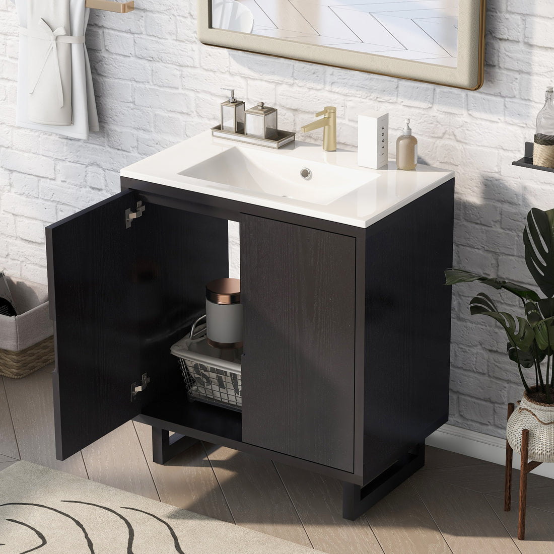 30" Bathroom Vanity Set With Sink, Combo Cabinet, Bathroom Storage Cabinet, Solid Wood Frame Black Solid Wood Mdf