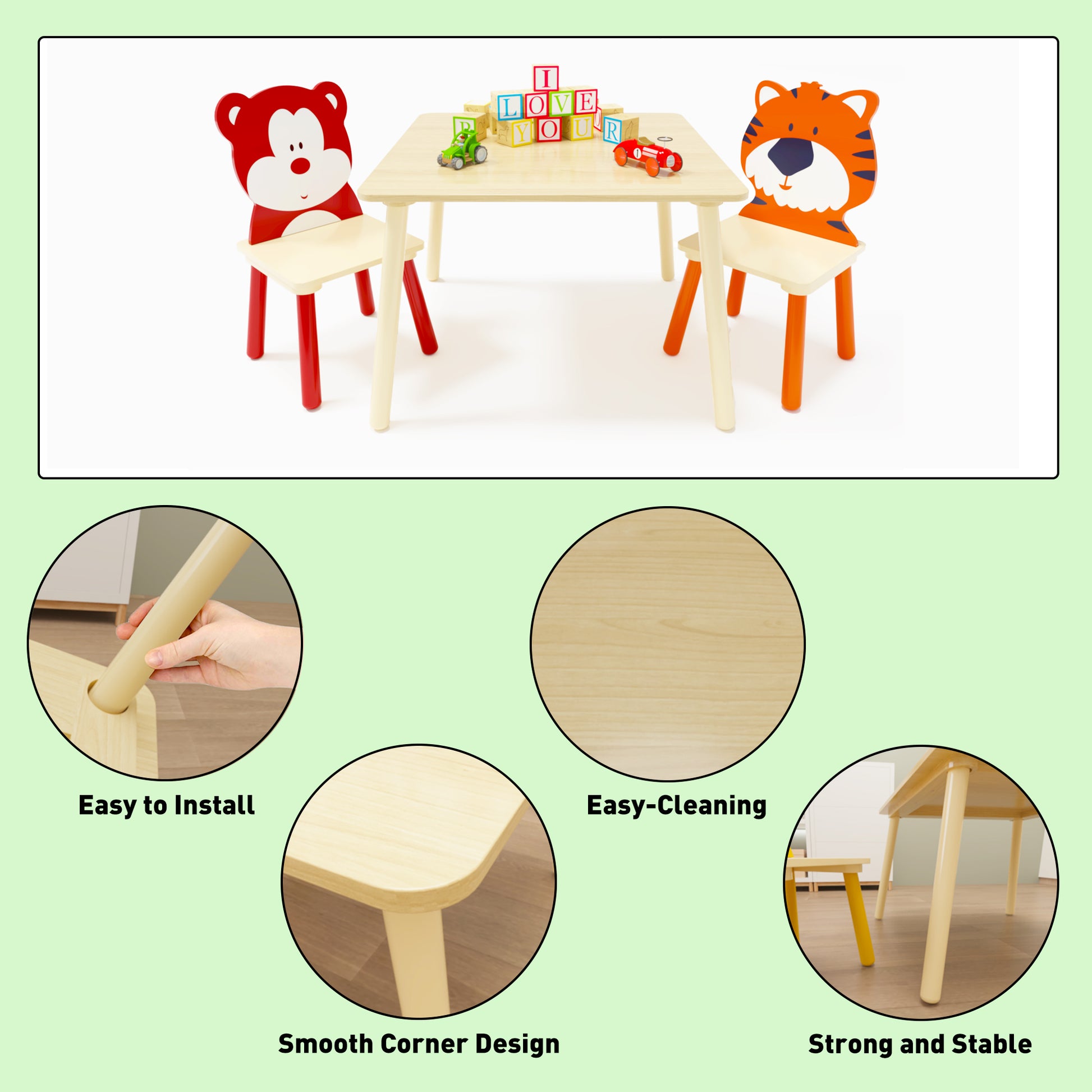 Kids Table And 2 Chairs Set, 3 Pieces Toddler Table And Chair Set, Wooden Activity Play Table Set Bear&Tiger Natural Solid Wood Mdf