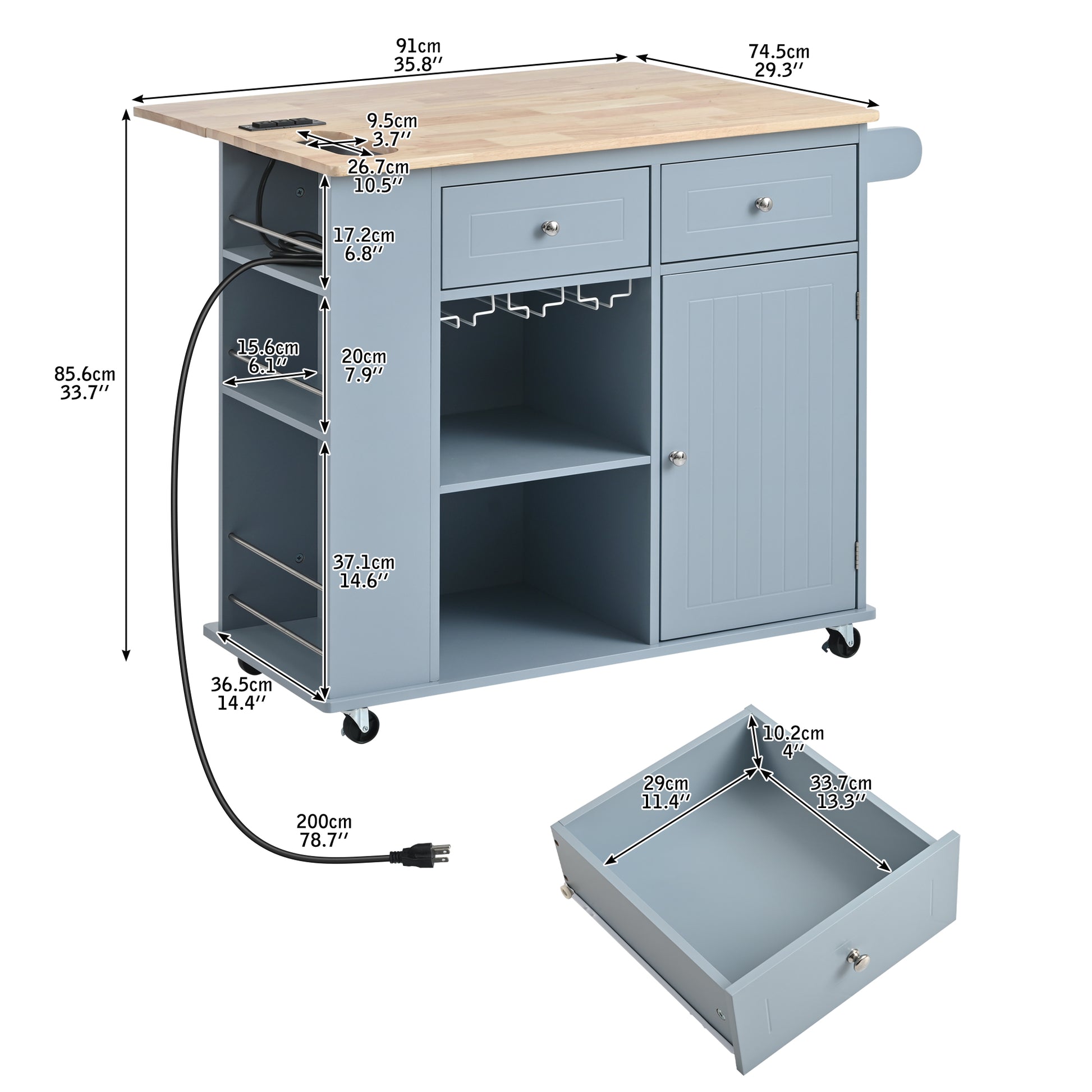 Kitchen Island With Power Outlet,Kitchen Storage Island With Drop Leaf And Rubber Wood,Open Storage And Wine Rack,5 Wheels,With Adjustable Storage For Home, Kitchen, And Dining Room, Grey Blue Blue Mdf