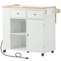 Kitchen Island With Power Outlet,Kitchen Storage Island With Drop Leaf And Rubber Wood,Open Storage And Wine Rack,5 Wheels,With Adjustable Storage For Home, Kitchen, And Dining Room,White White Mdf