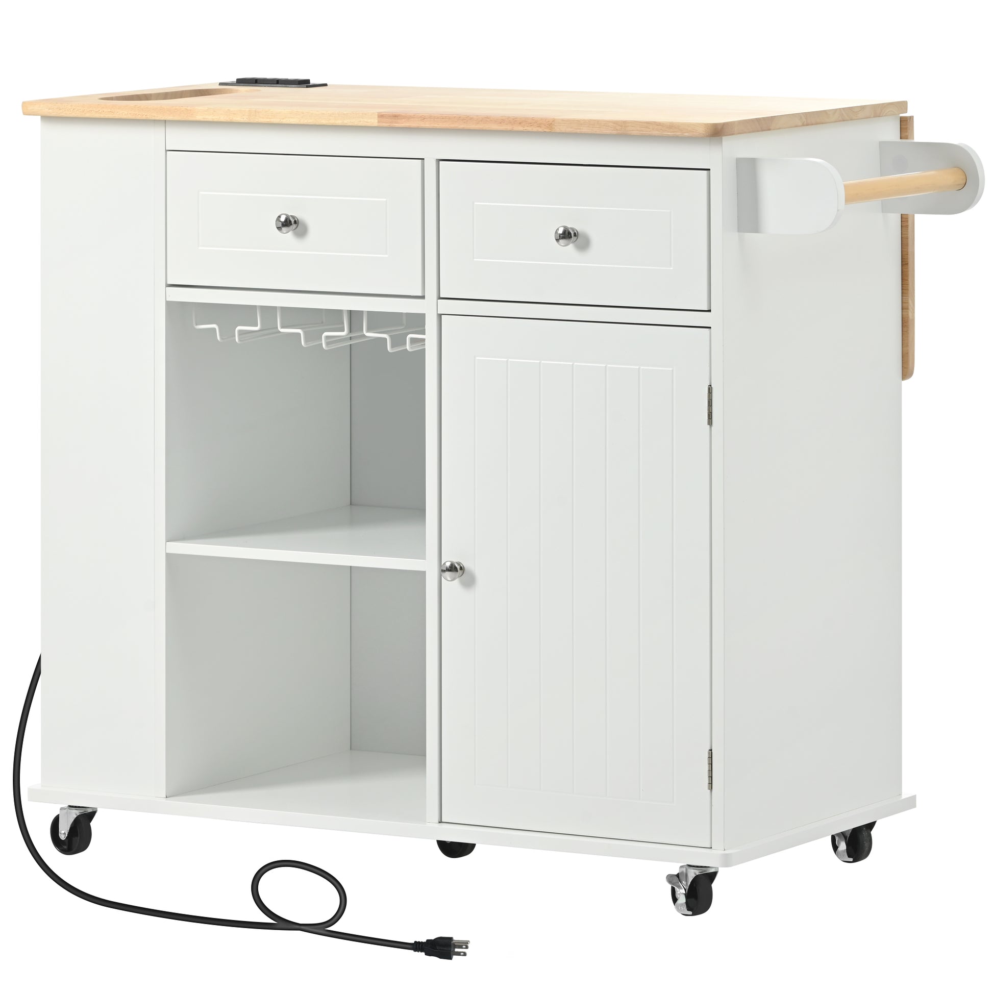 Kitchen Island With Power Outlet,Kitchen Storage Island With Drop Leaf And Rubber Wood,Open Storage And Wine Rack,5 Wheels,With Adjustable Storage For Home, Kitchen, And Dining Room,White White Mdf
