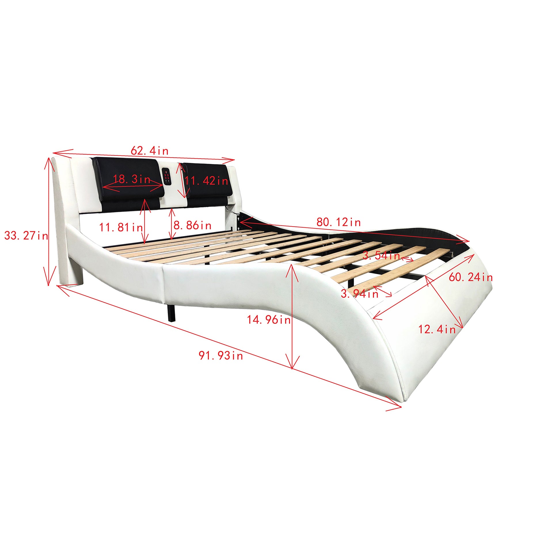 Faux Leather Upholstered Platform Bed Frame With Led Lighting, Bluetooth Connection To Play Music Control, Backrest Vibration Massage, Curve Design, Wood Slat Support, One Carton Package, Queen White Mdf