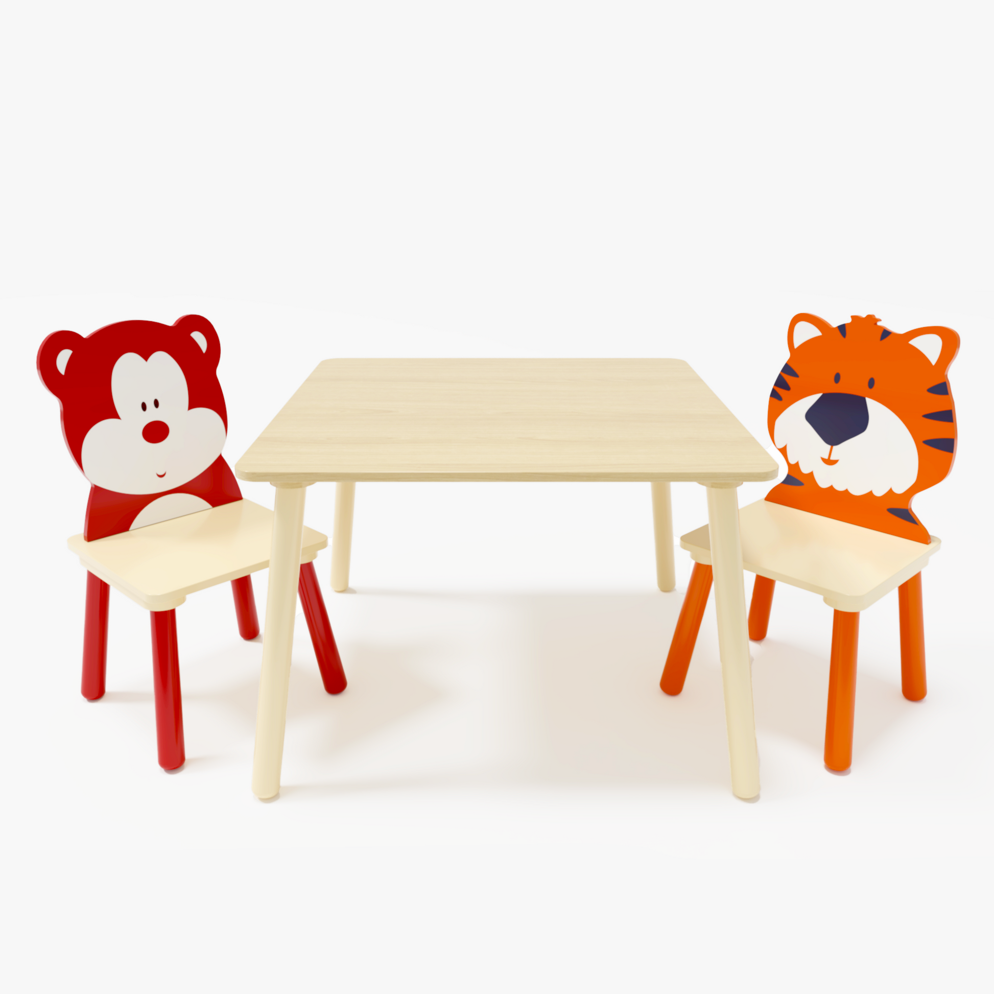 Kids Table And 2 Chairs Set, 3 Pieces Toddler Table And Chair Set, Wooden Activity Play Table Set Bear&Tiger Natural Solid Wood Mdf