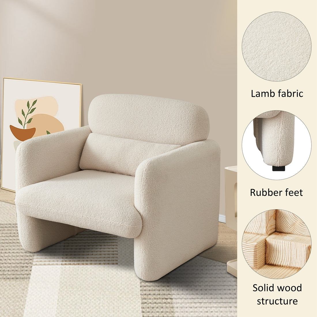 34"Lamb Fleece Fabric Sofa, Modern Single Sofa With Support Pillow For Apartment, Office, Living Room & Bedroom, Tool Free Assembly. Beige Beige Foam Sherpa