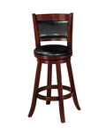 2Pc Beautiful Elegant Upholstered Swivel Chair Stool Rich Black Faux Leather Upholstery Padded Back Kitchen Cherry Finish Brown Solid Wood