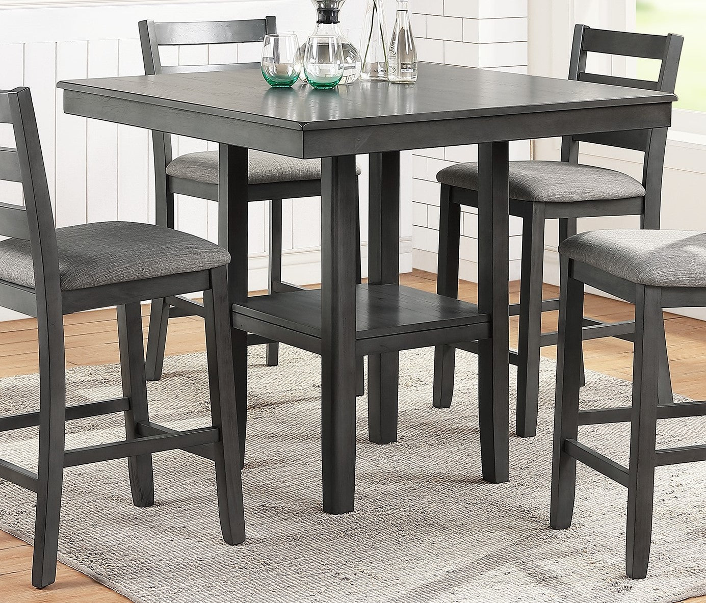 Classic Dining Room Furniture Gray Finish Counter Height 5Pc Set Square Dining Table W Shelves Cushion Seat Ladder Back High Chairs Solid Wood Gray Wood Dining Room Solid Wood Rubberwood Square Dining Table With Chair Wood Wood Grey Ladder Back Seats 4