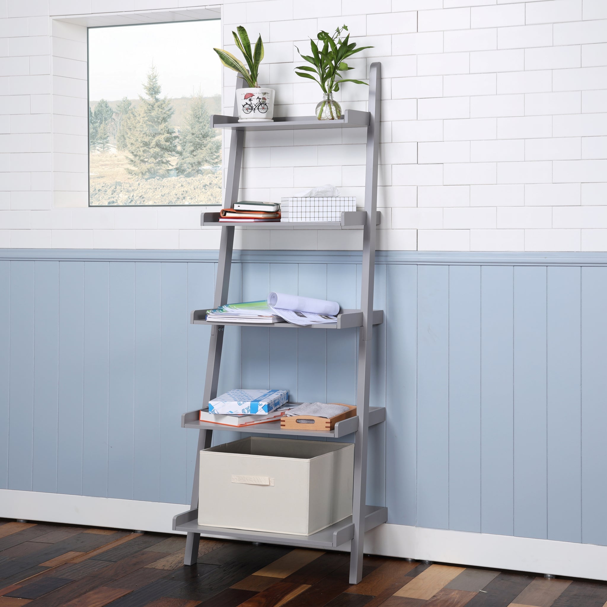 5 Tier Ladder Shelf Grey Wood