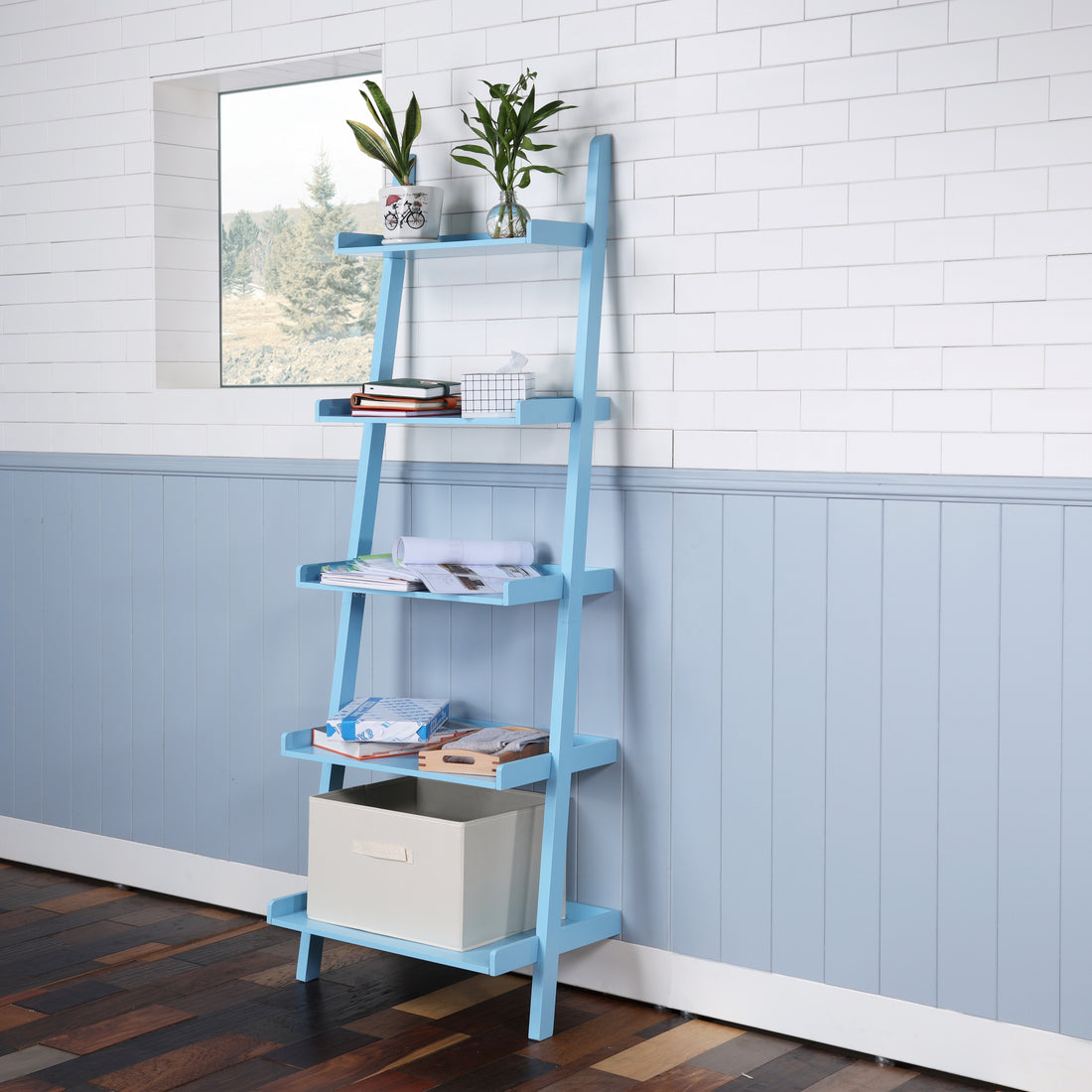 5 Tier Ladder Shelf Blue Wood