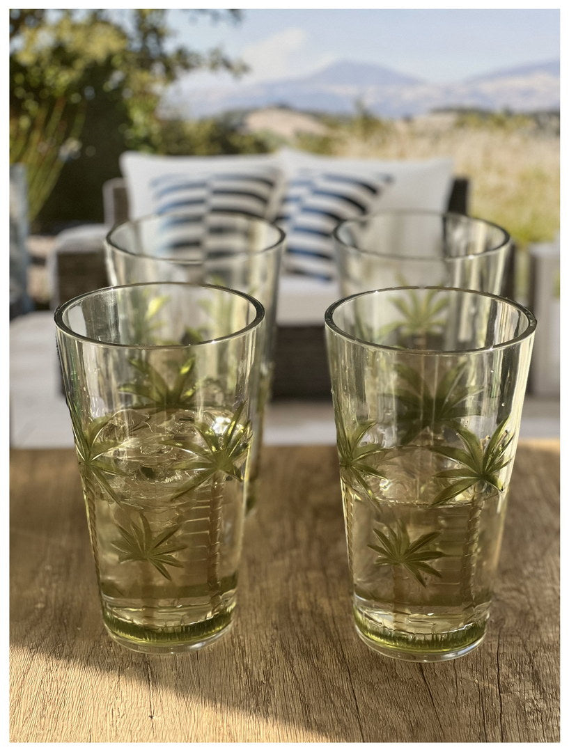 Palm Tree Design Acrylic Glasses Drinking Set Of 4 Hi Ball 20Oz , Plastic Drinking Glasses, Bpa Free Cocktail Glasses, Drinkware Set, Plastic Water Tumblers Clear Acrylic