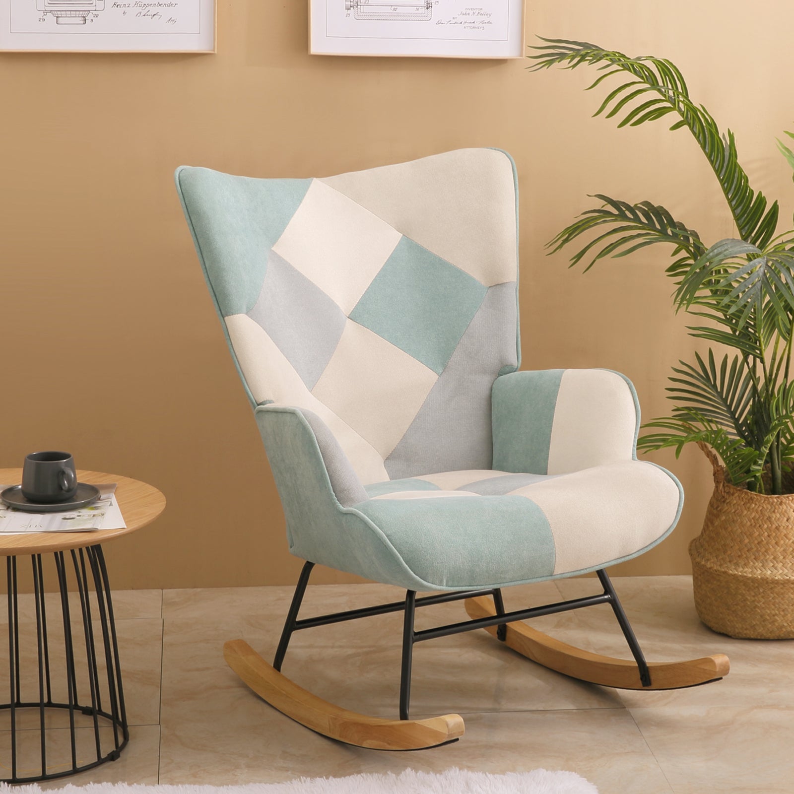 Accent Rocking Chair, Mid Century Fabric Rocker Chair With Wood Legs And Patchwork Linen For Livingroom Bedroom Blue Solid Wood