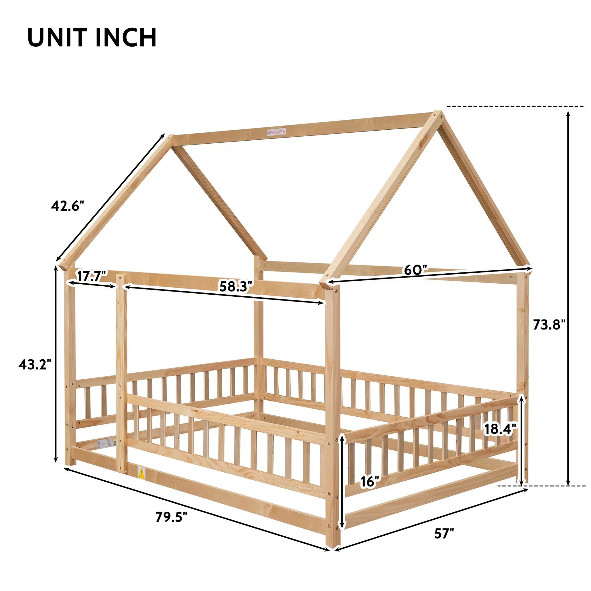 Full Size Floor Wooden Bed With House Roof Frame, Fence Guardrails ,Nartural Old Sku:W504105242 Full Natural Pine