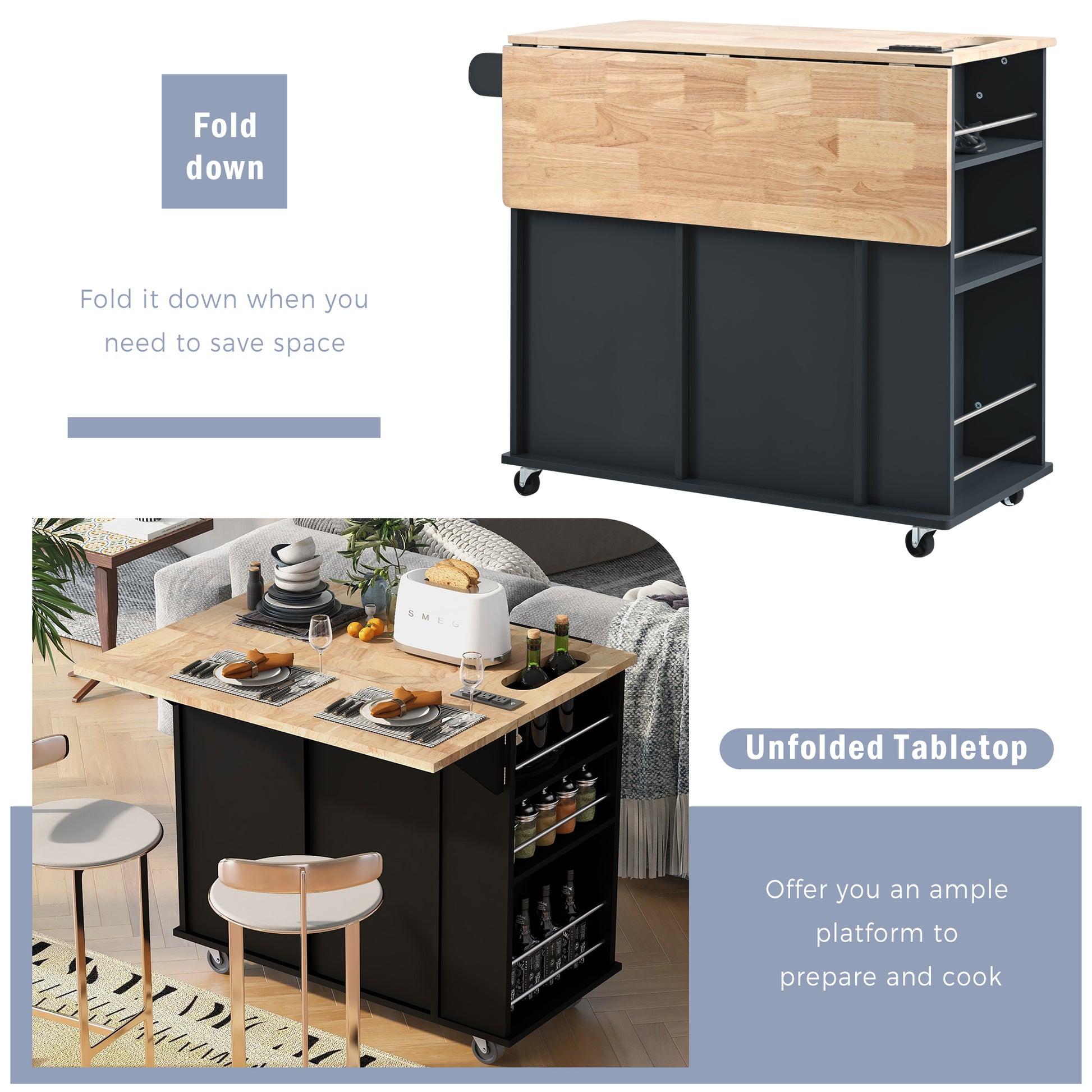 Kitchen Island With Power Outlet,Kitchen Storage Island With Drop Leaf And Rubber Wood,Open Storage And Wine Rack,5 Wheels,With Adjustable Storage For Home, Kitchen, And Dining Room, Black Black Mdf