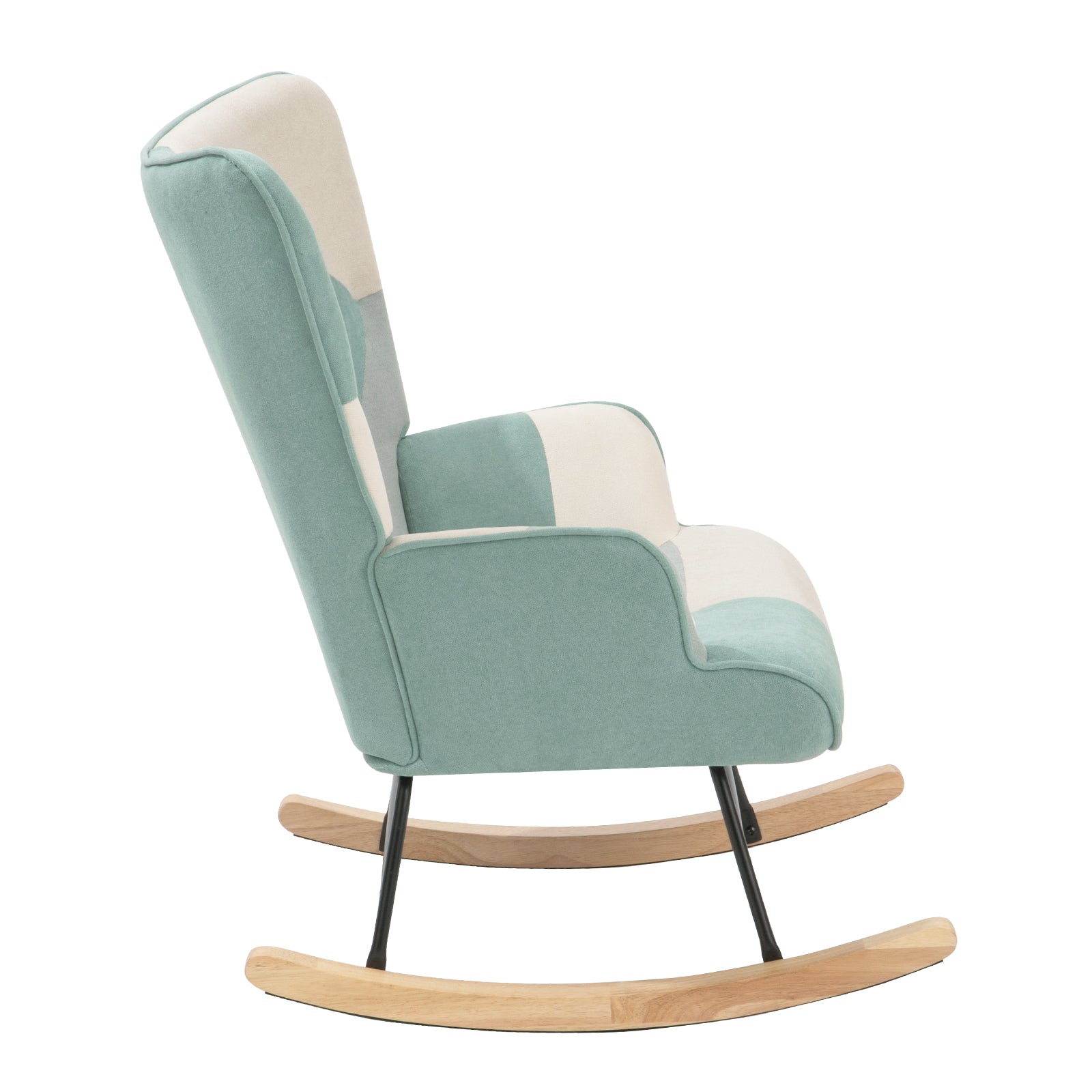 Accent Rocking Chair, Mid Century Fabric Rocker Chair With Wood Legs And Patchwork Linen For Livingroom Bedroom Blue Solid Wood