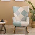 Accent Rocking Chair, Mid Century Fabric Rocker Chair With Wood Legs And Patchwork Linen For Livingroom Bedroom Blue Solid Wood