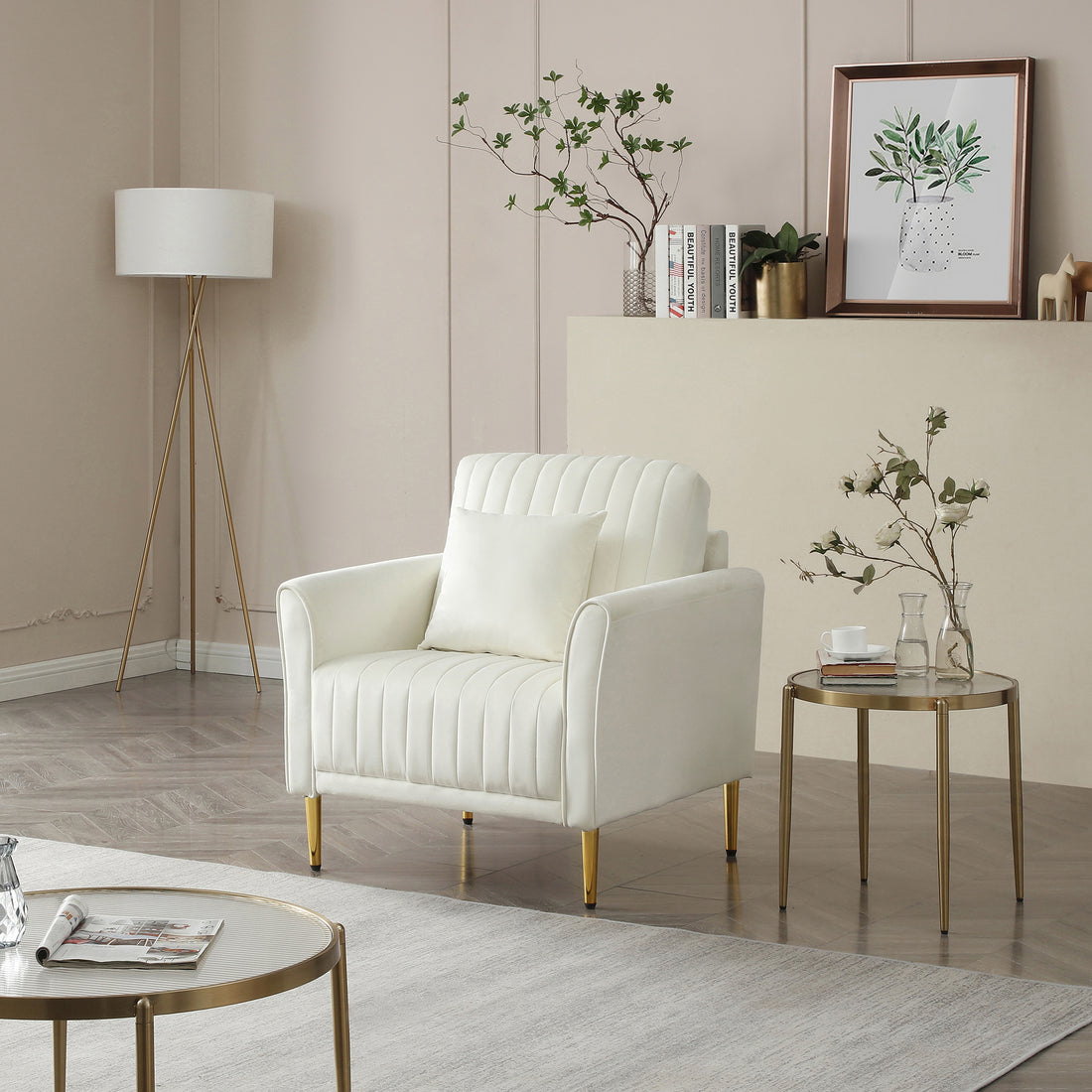 Mid Century Modern Velvet Fabric Accent Chair Armchair For Living Room Bedroom Channel Tufted Upholstered Comfortable Cream Color Reading Armchair Beige Foam Velvet