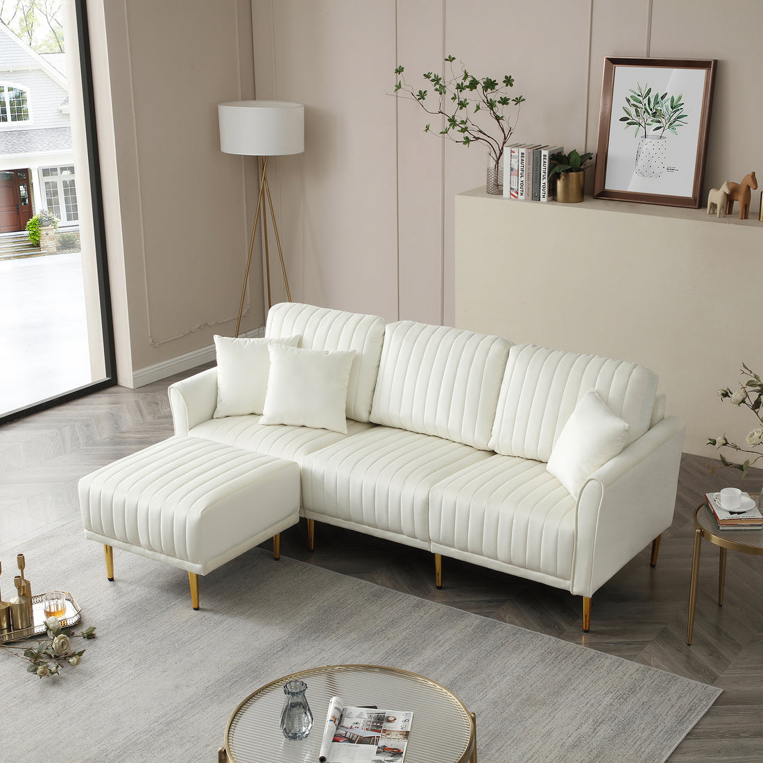 L Shaped Sectional Sofa Couch With Velvet Fabric, Reversible Sectional Sofa Couch For Small Space, Cream Color Cream Foam Velvet